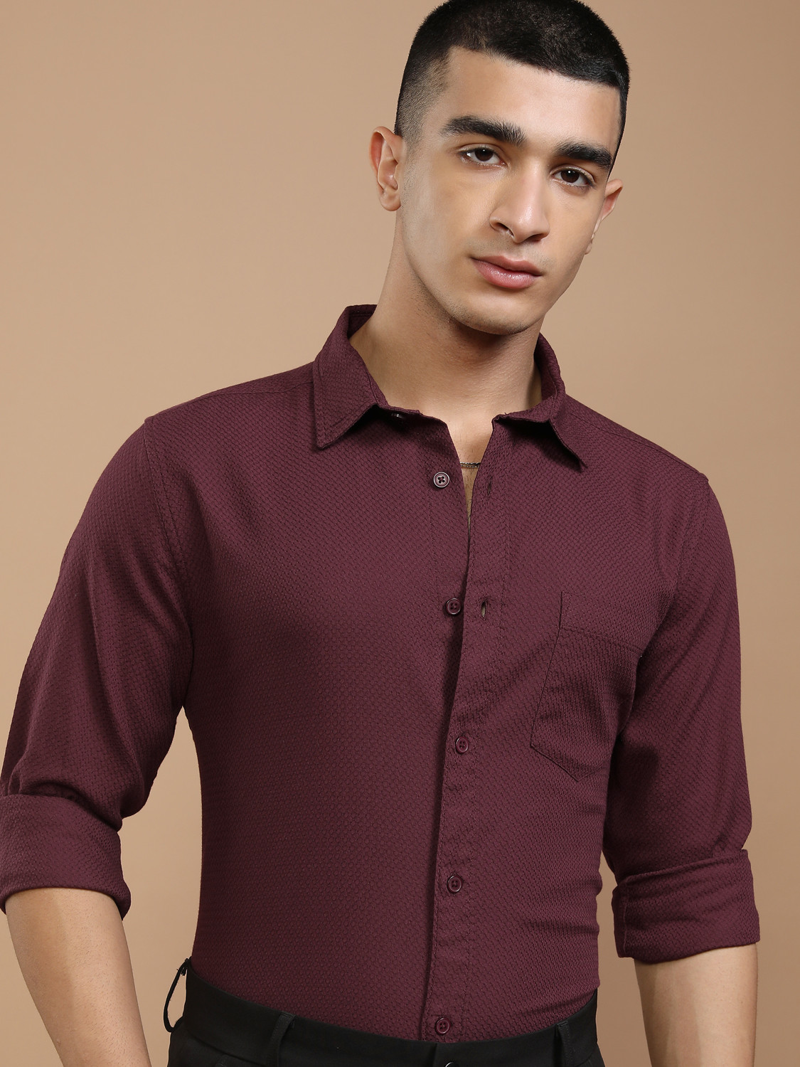 Image of HIGHLANDER Men Self Design Casual Red Shirt