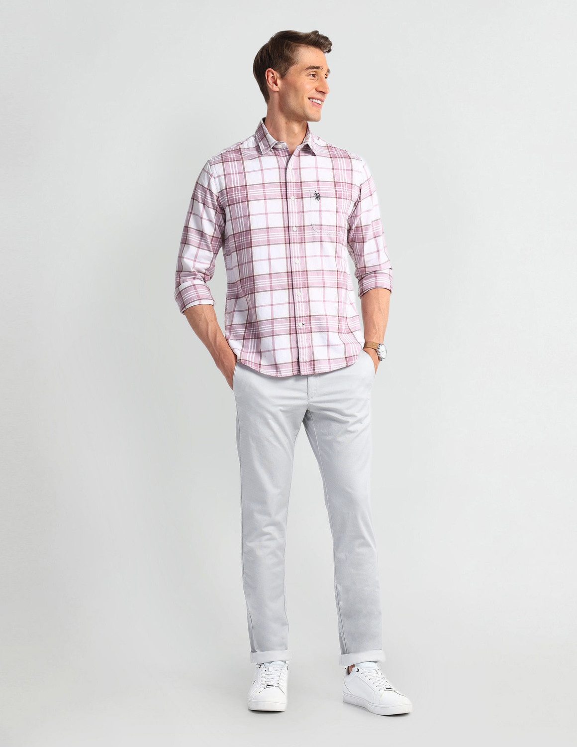 Image of U.S. POLO ASSN. Men Checkered Casual Pink Shirt