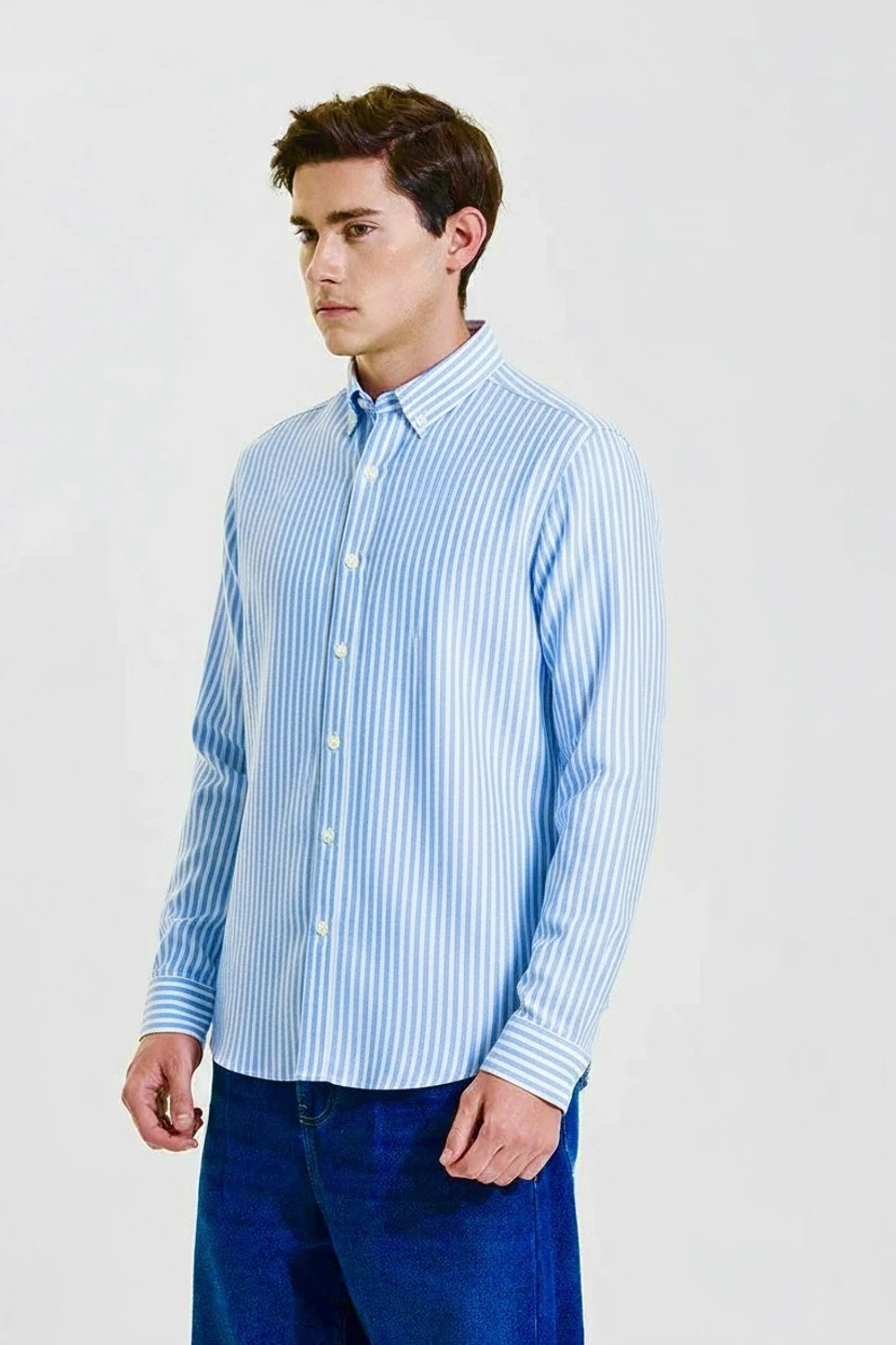 Image of SEIGE Men Striped Casual Light Blue, White Shirt