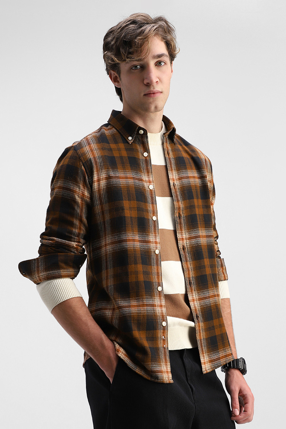 Image of Snitch Men Checkered Casual Brown Shirt