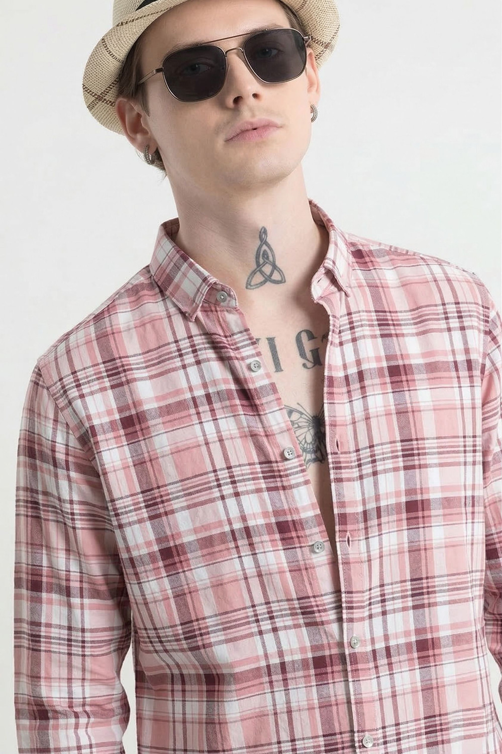 Image of R.Code by The Roadster Life Co. Men Checkered Casual Pink, White Shirt