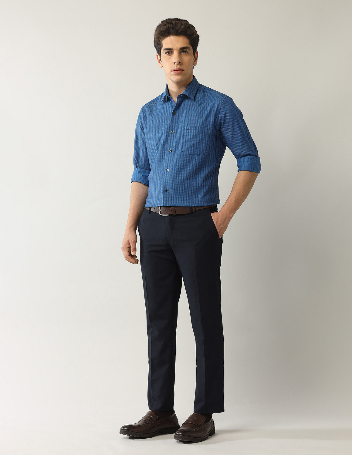Image of ARROW Men Self Design Formal Blue Shirt
