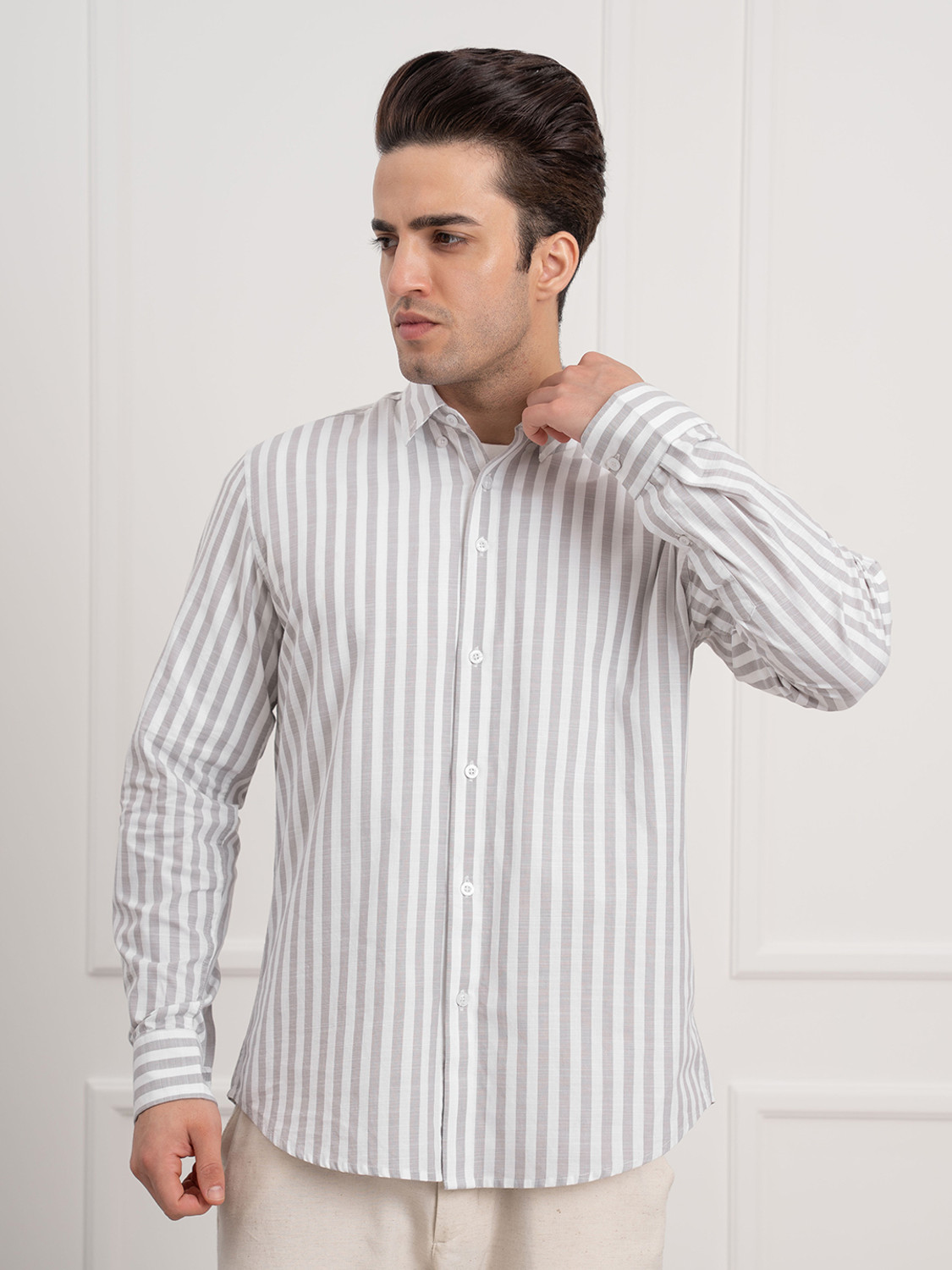 Image of RED TAPE Men Striped Casual Grey Shirt