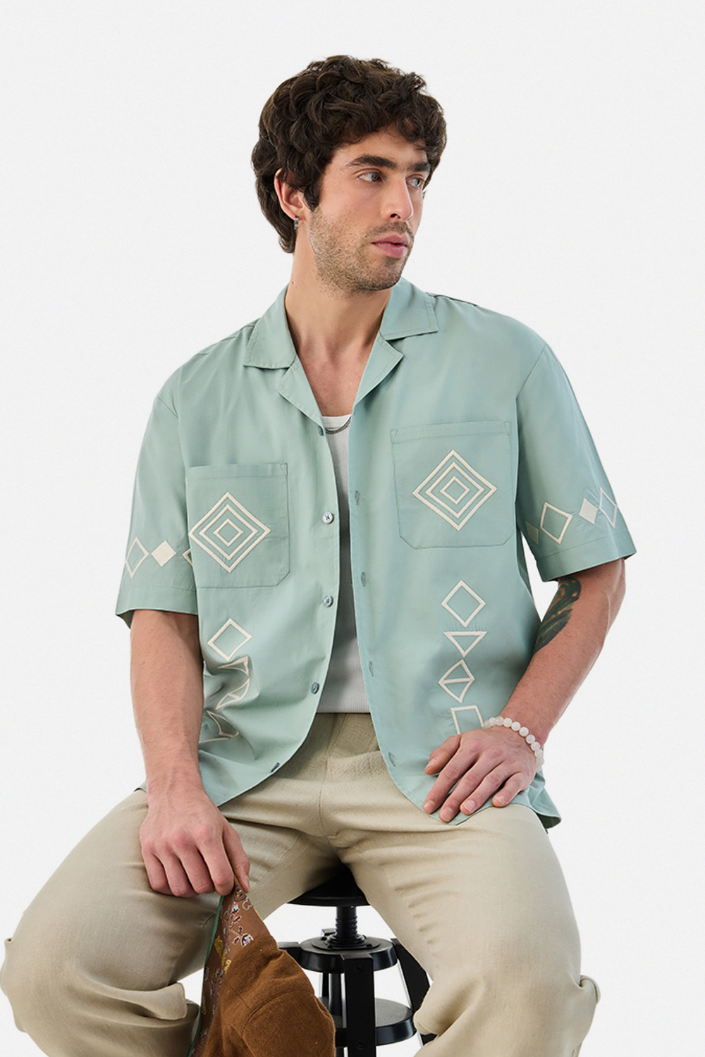 Image of Snitch Men Embroidered Casual Light Green Shirt