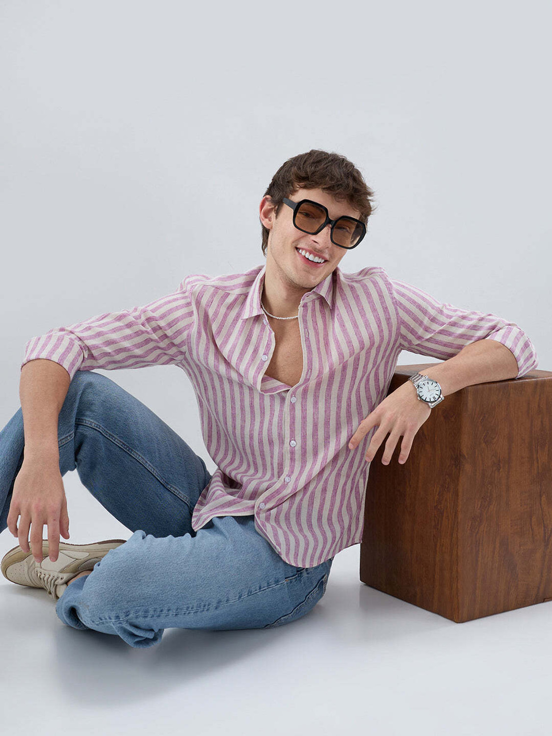Image of VASTRADO Men Striped Casual Pink Shirt