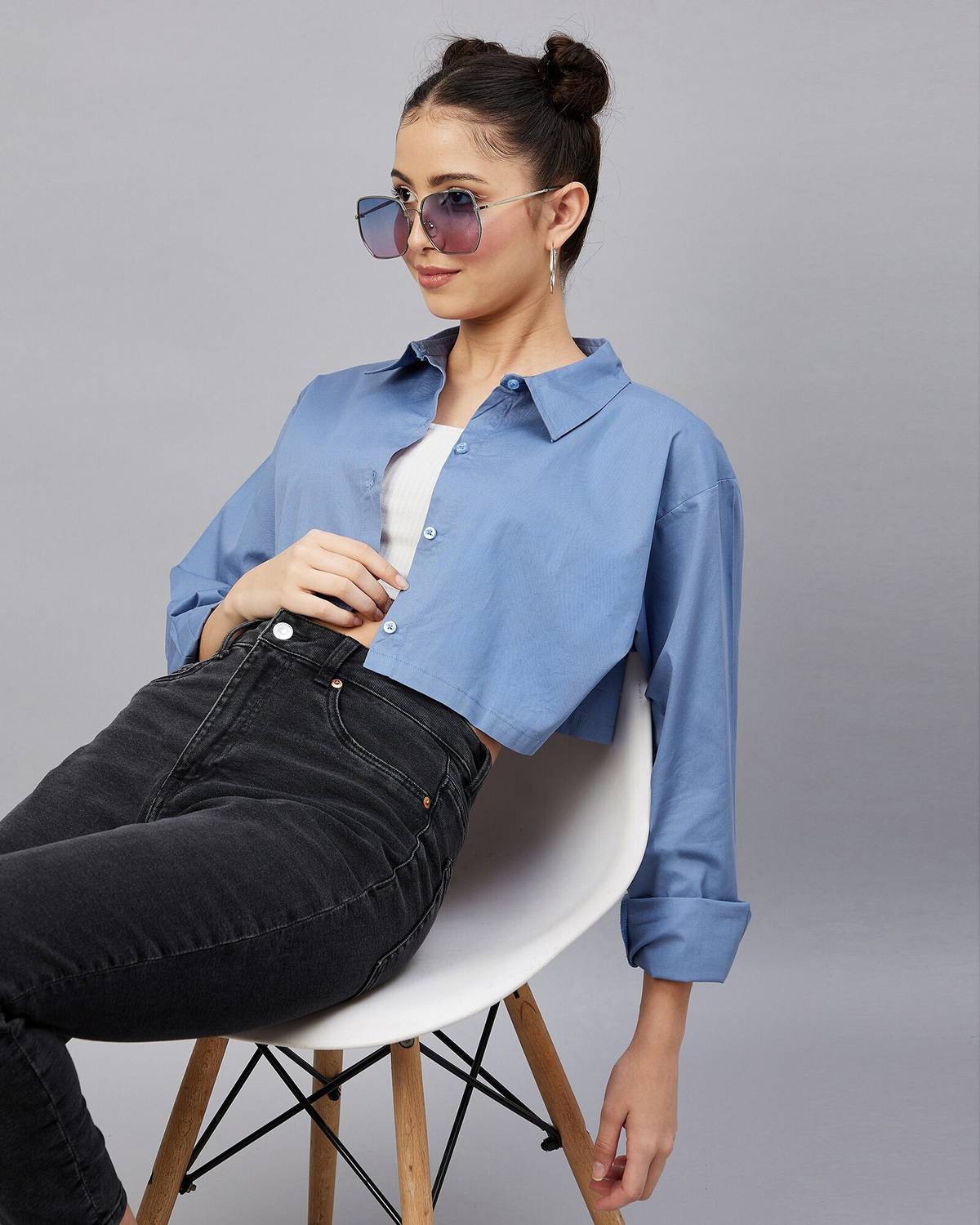 Chimpaaanzee Women Solid Casual Blue Shirt