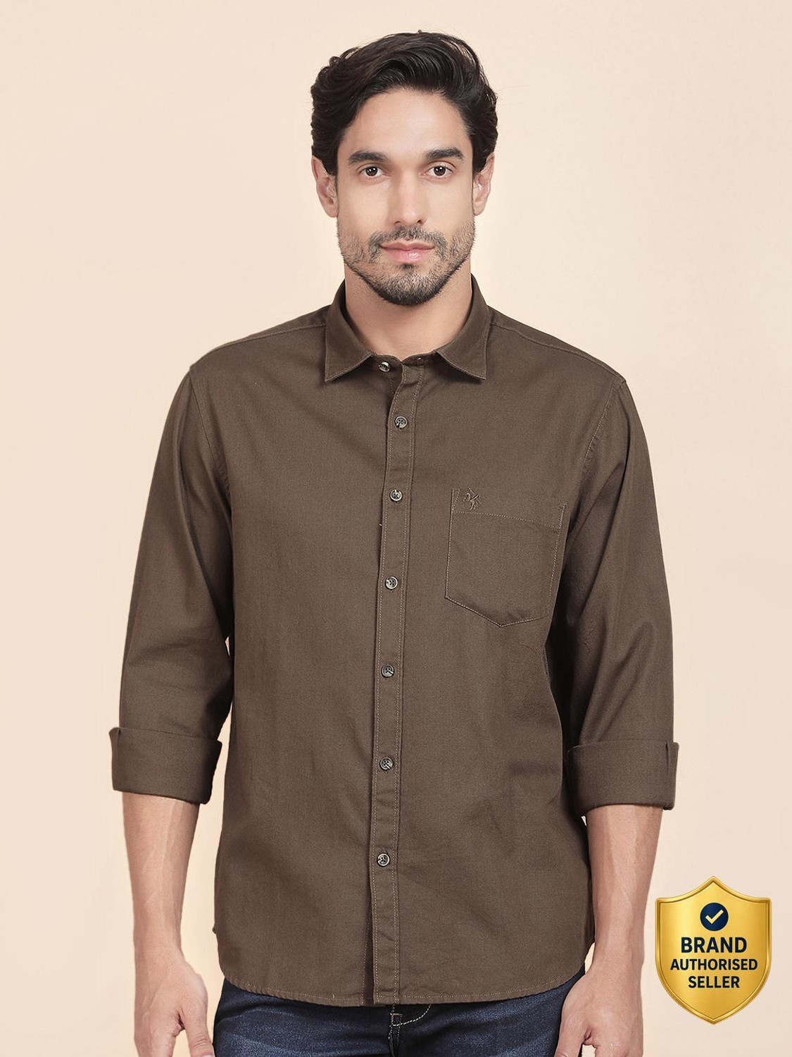 Image of CANTABIL Men Solid Casual Brown Shirt