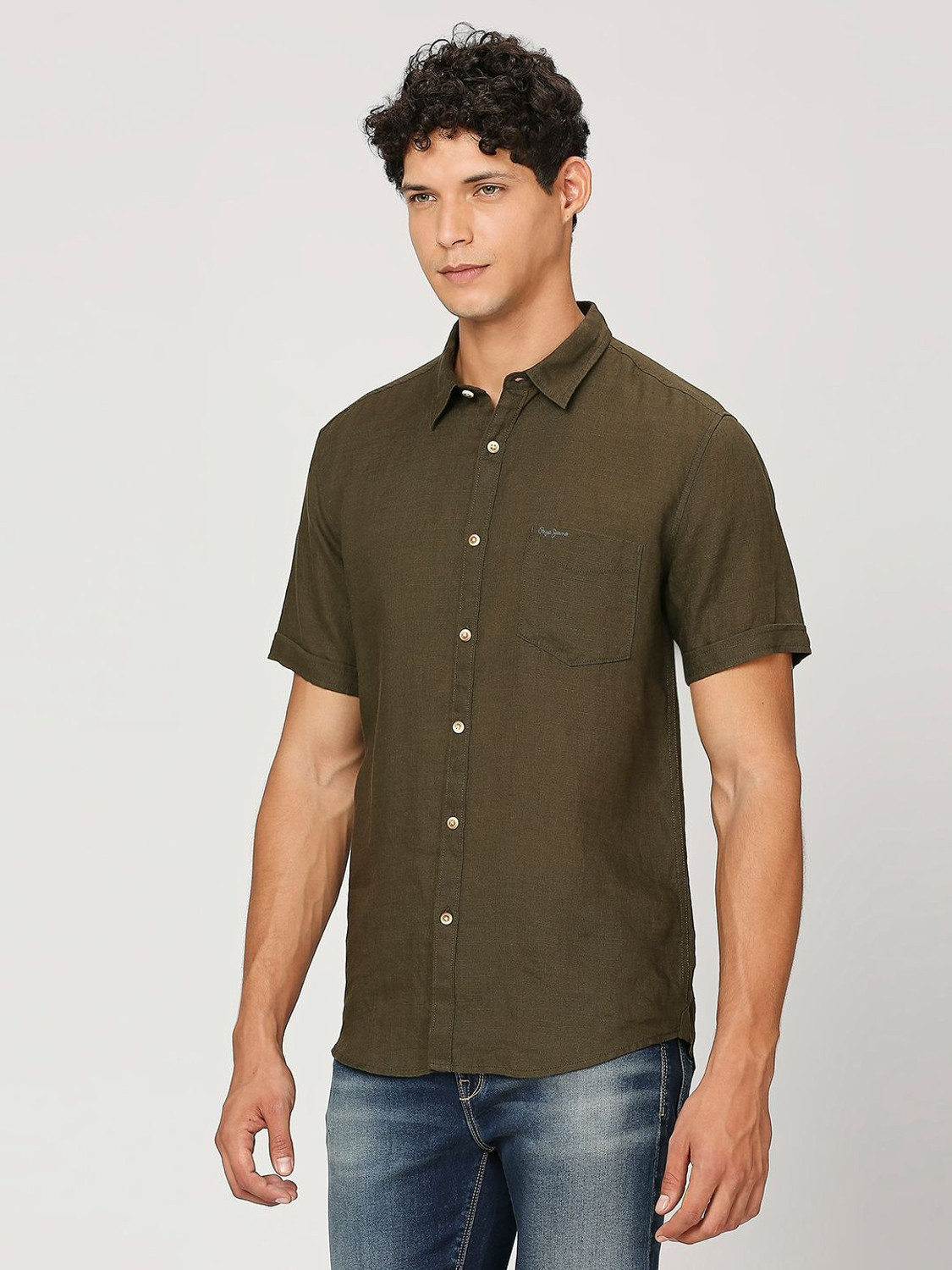 Image of Pepe Jeans Men Self Design Casual Dark Green Shirt
