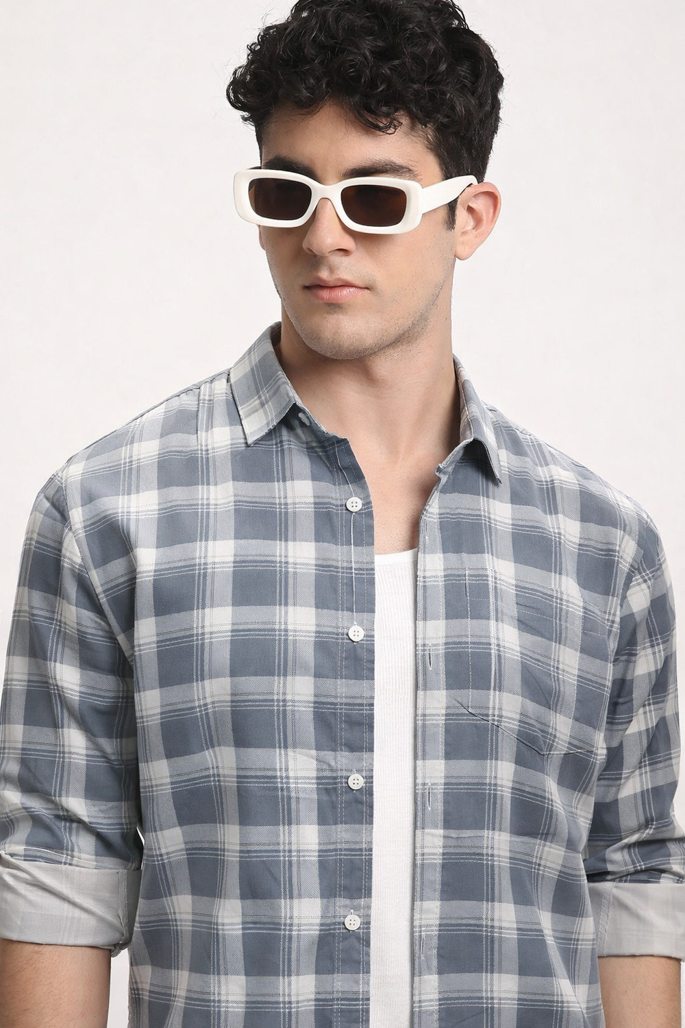 Image of Jai Textiles Men Checkered Casual Grey Shirt