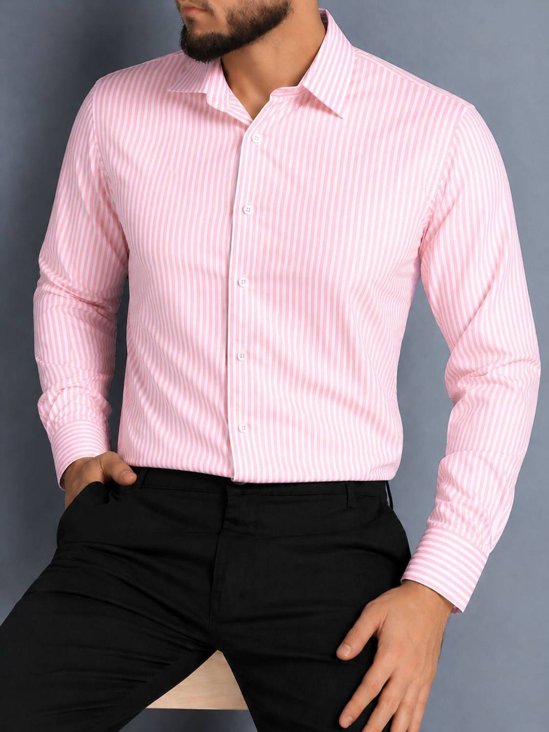 Uwald Men Striped Casual Pink Shirt