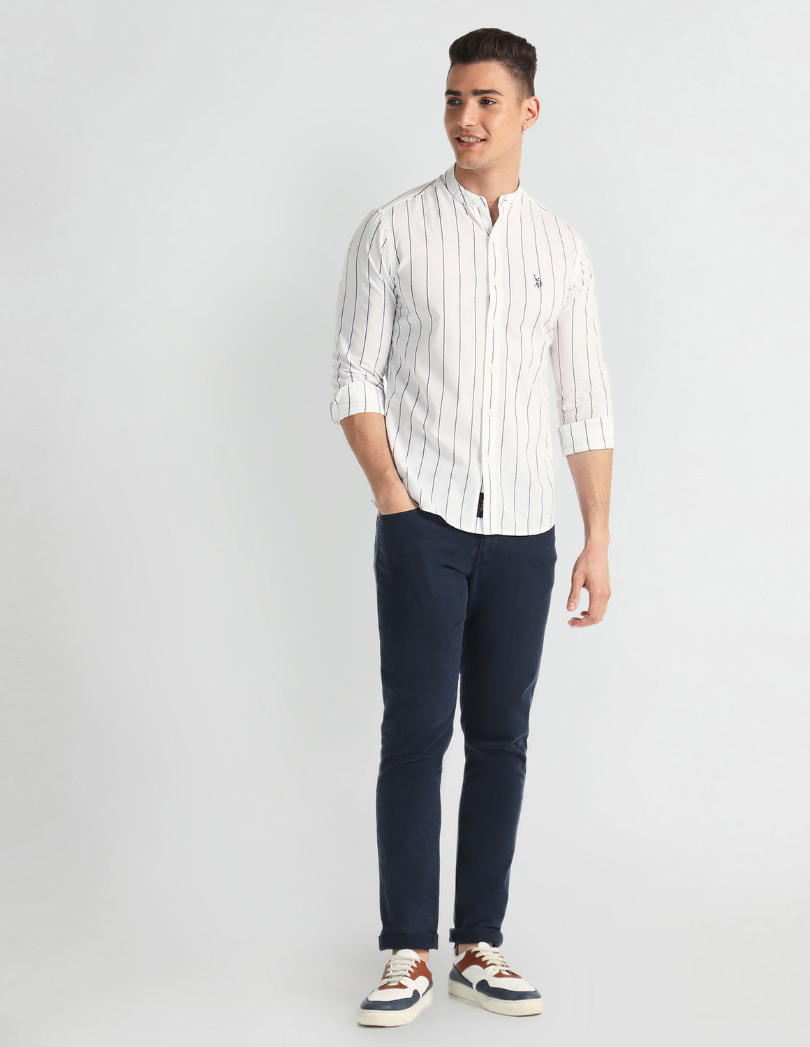 Image of U.S. POLO ASSN. Men Striped Casual White, Black Shirt