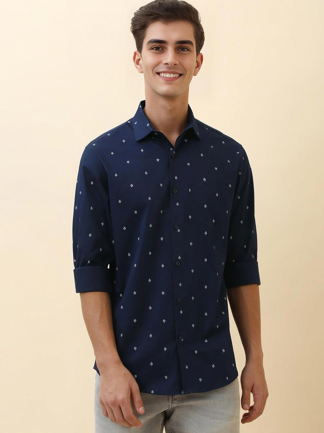 Image of Allen Solly Men Printed Casual Dark Blue Shirt