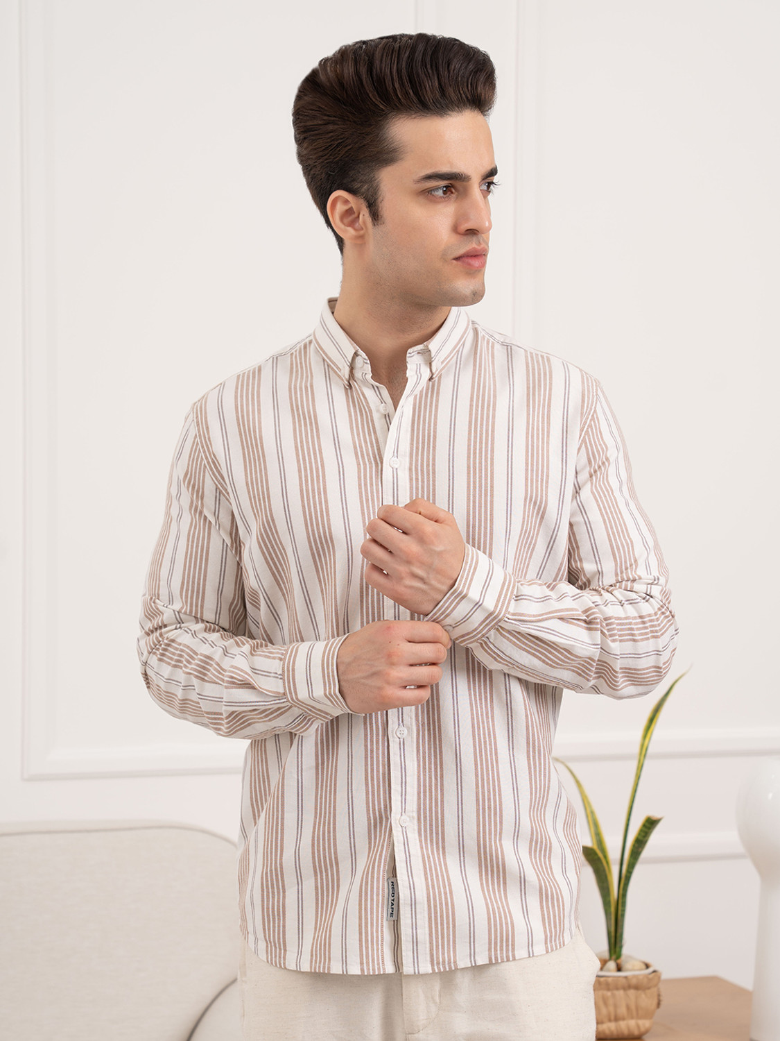 Image of RED TAPE Men Striped Casual Brown Shirt