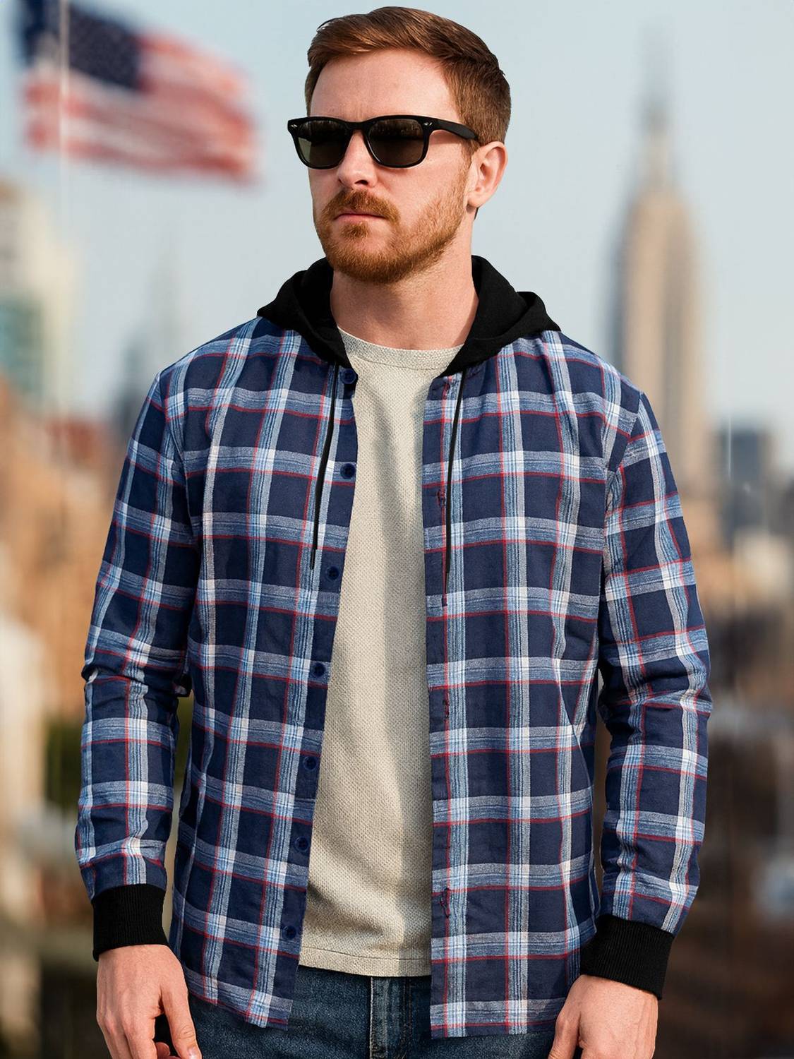 EyeBogler Men Regular Fit Checkered Hood Collar Casual Shirt