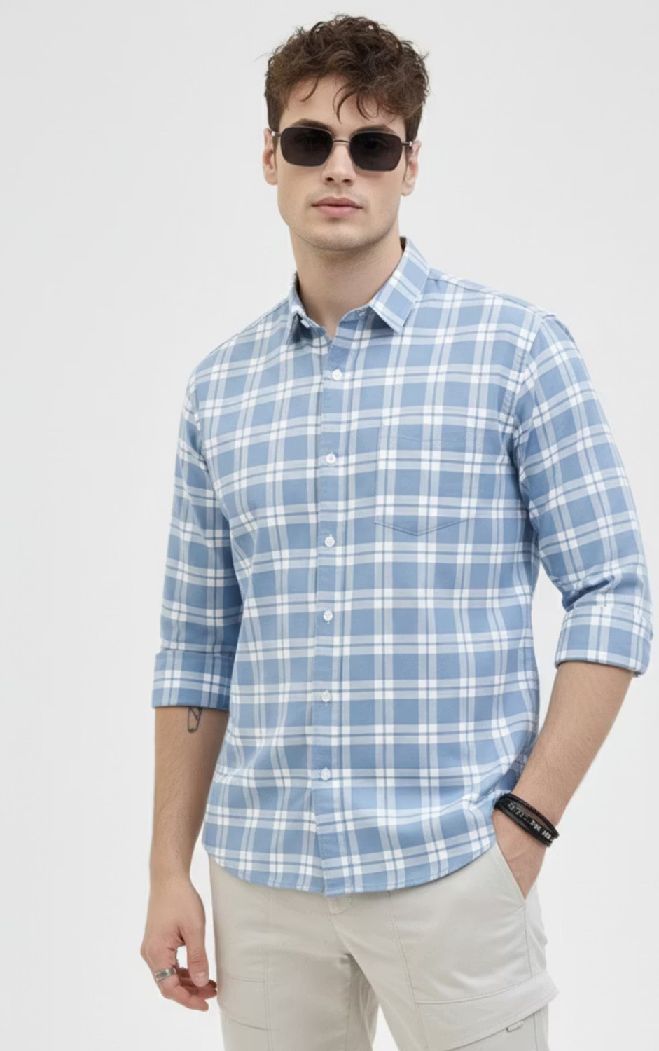 Image of METRONAUT Men Checkered Casual Light Blue Shirt