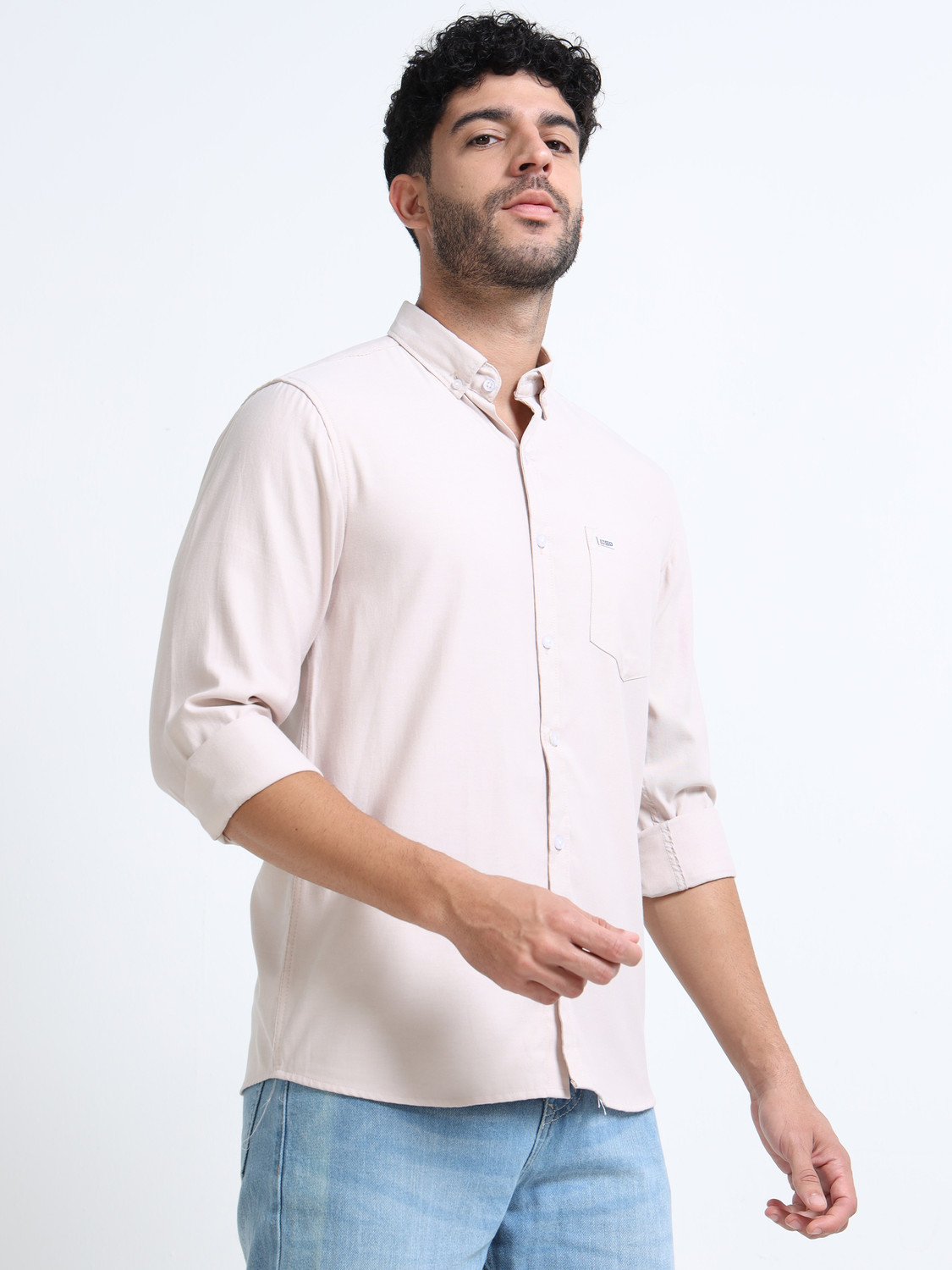 Image of U.S. Pitchers Men Solid Casual Beige Shirt