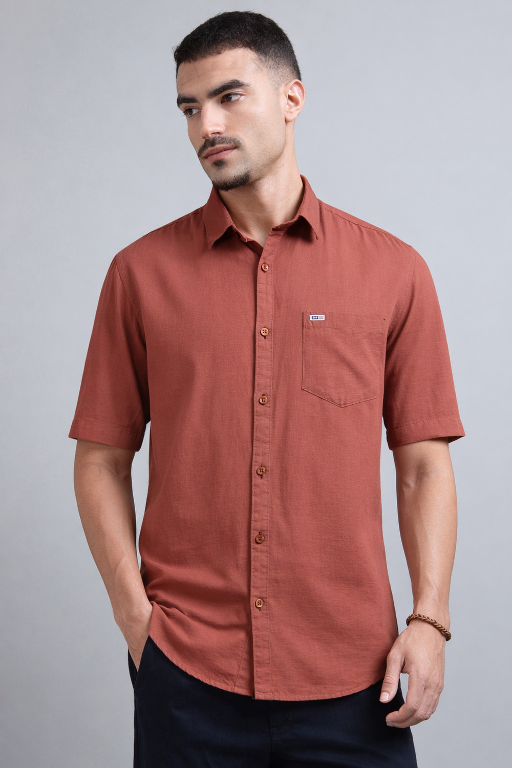 Image of U.S. Pitchers Men Solid Casual Brown Shirt