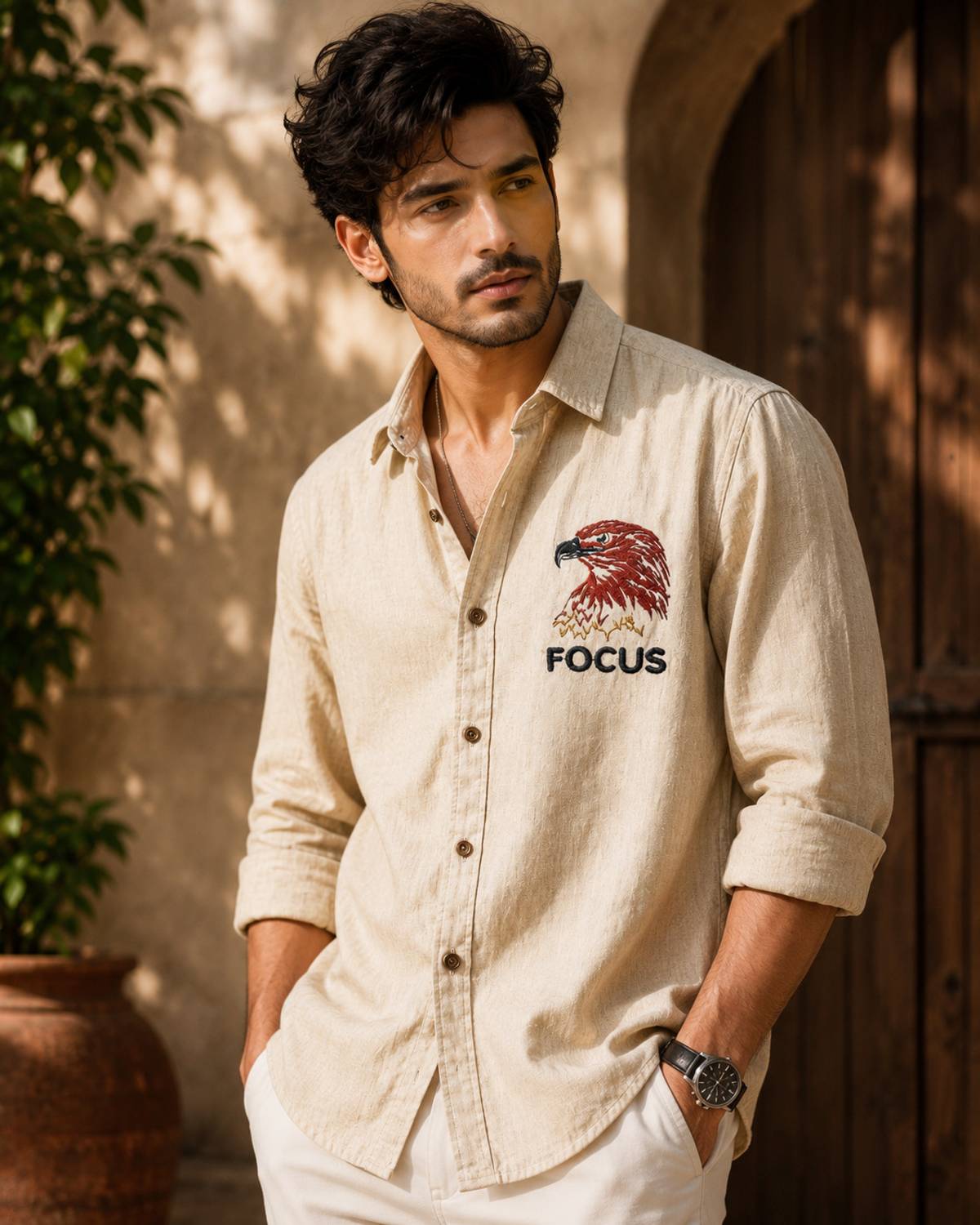 WUXI Men Embroidered Casual Beige Shirt - Image 1