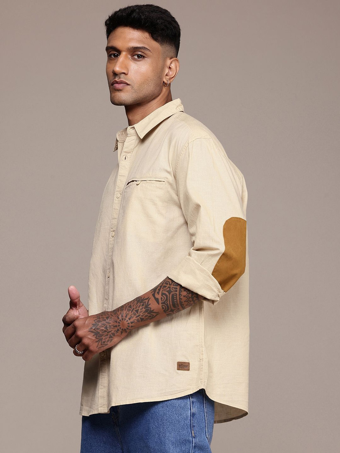 Image of Roadster Men Solid Casual Beige Shirt