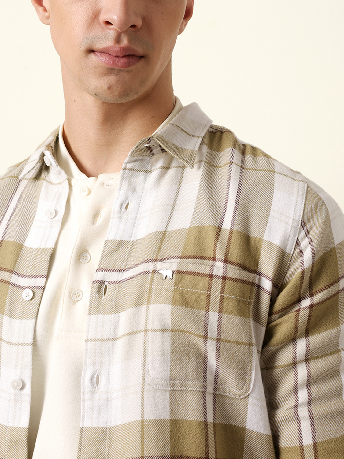 Image of THE BEAR HOUSE Men Checkered Casual Beige Shirt