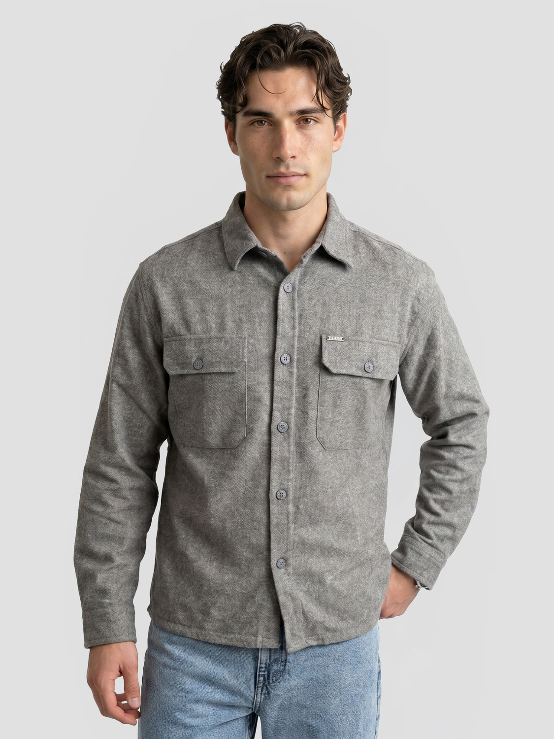 Image of THE BEAR HOUSE Men Solid Casual Grey Shirt