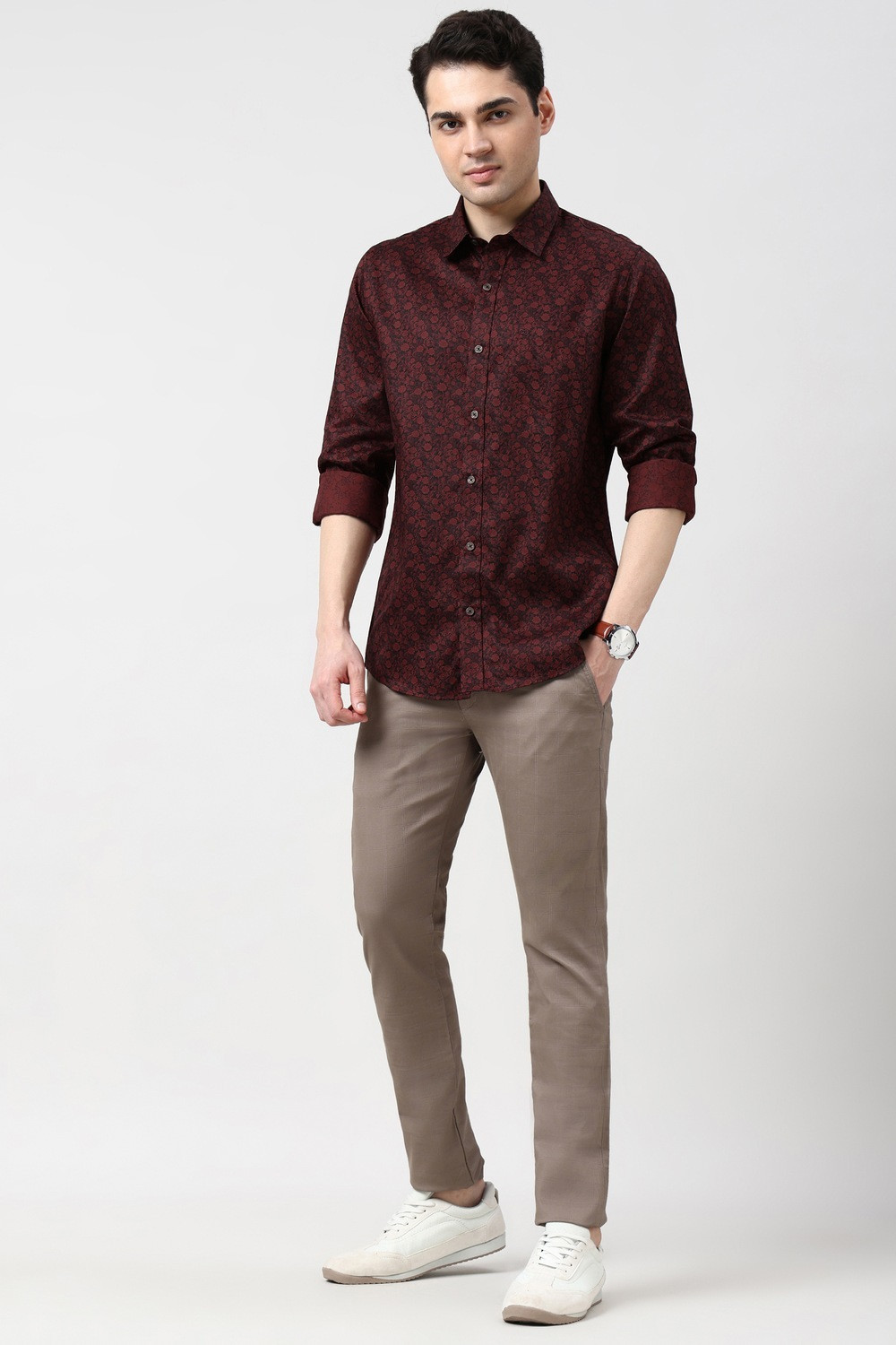Image of PETER ENGLAND Men Printed Casual Maroon Shirt