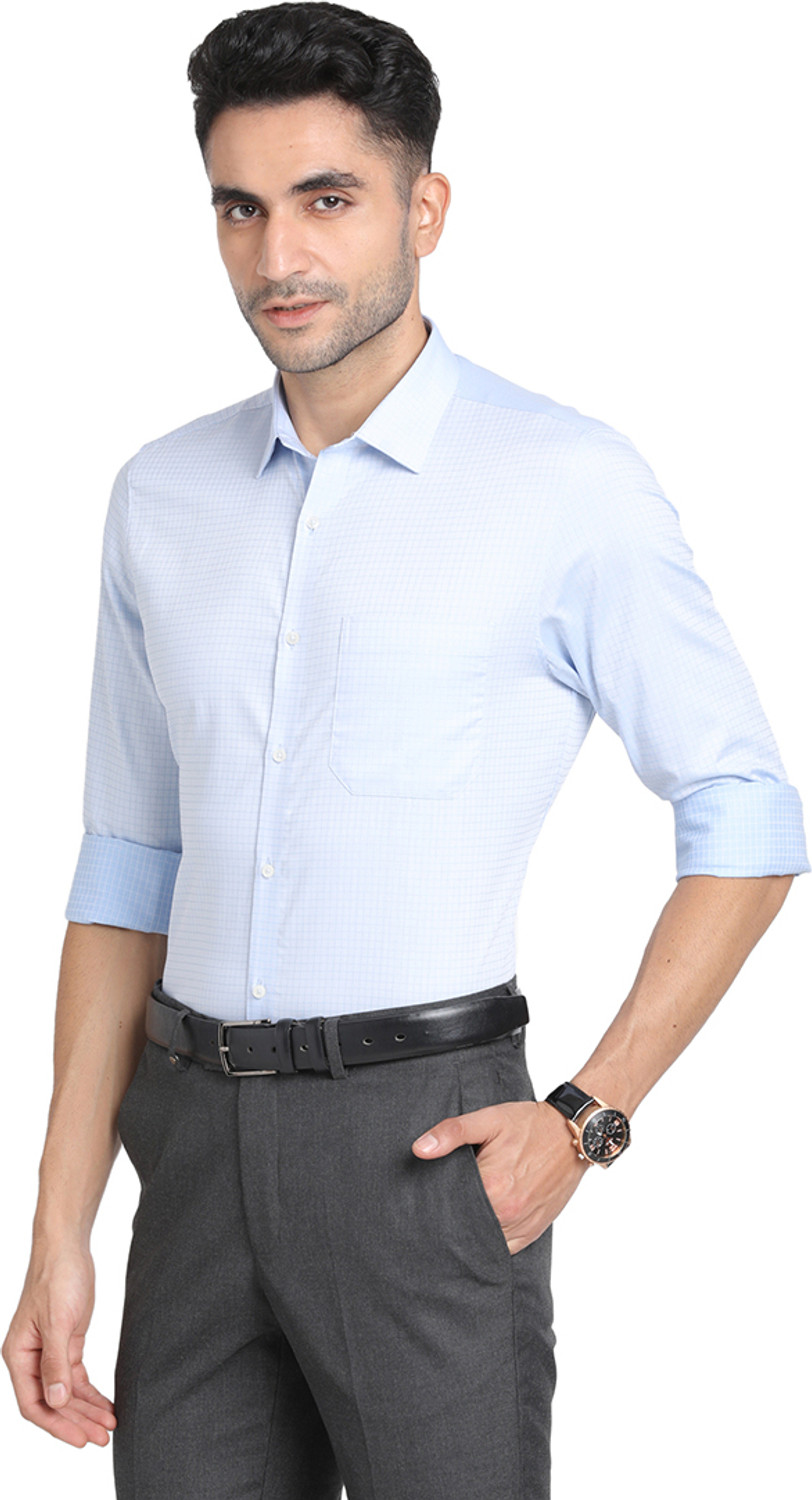 Image of TURTLE Men Checkered Formal Light Blue Shirt