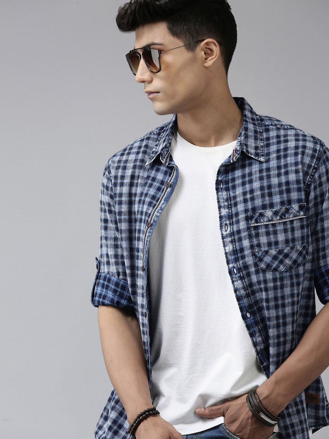 Image of Roadster Men Checkered Casual Blue Shirt