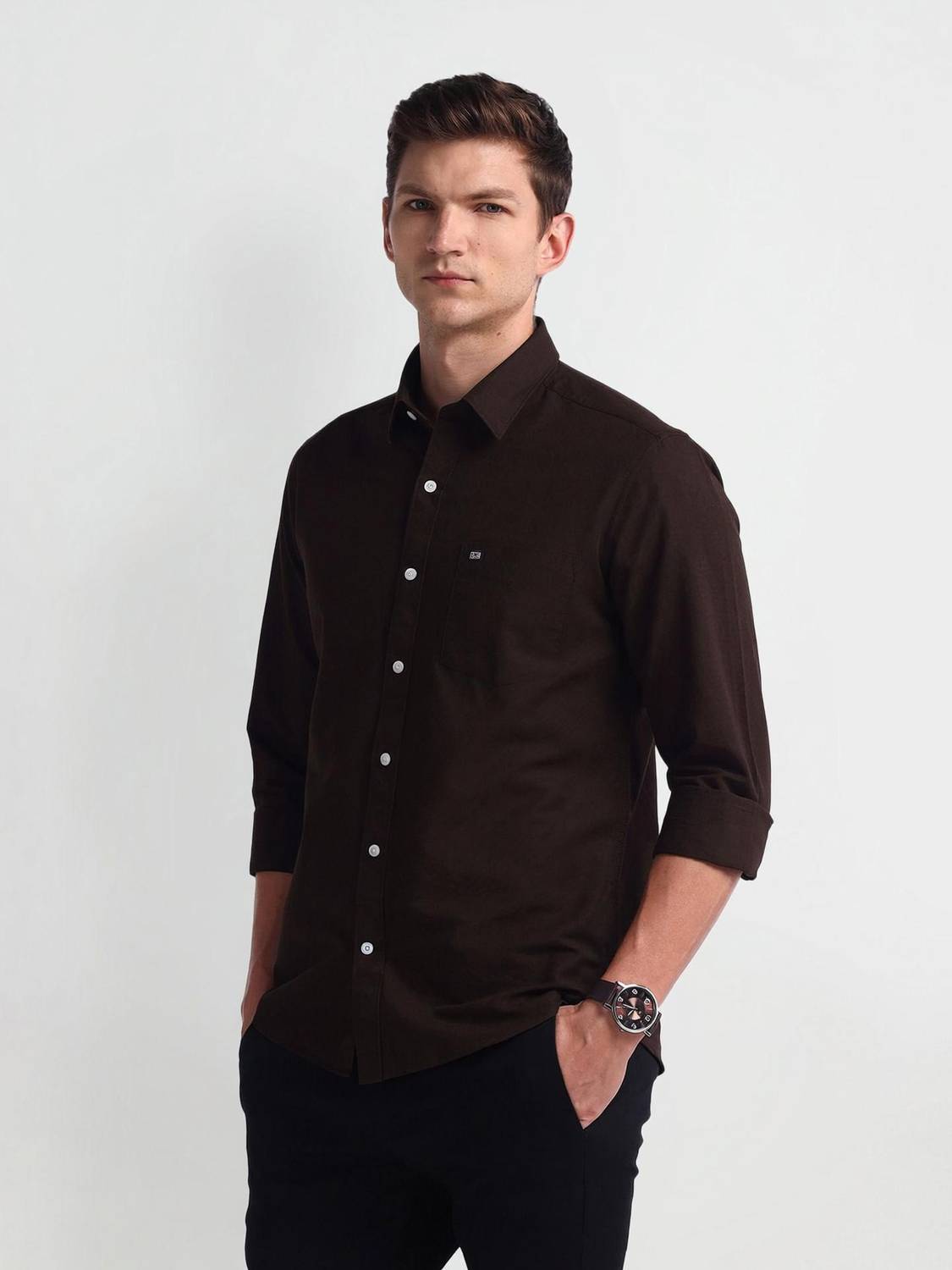 ARROW Men Solid Casual Brown Shirt