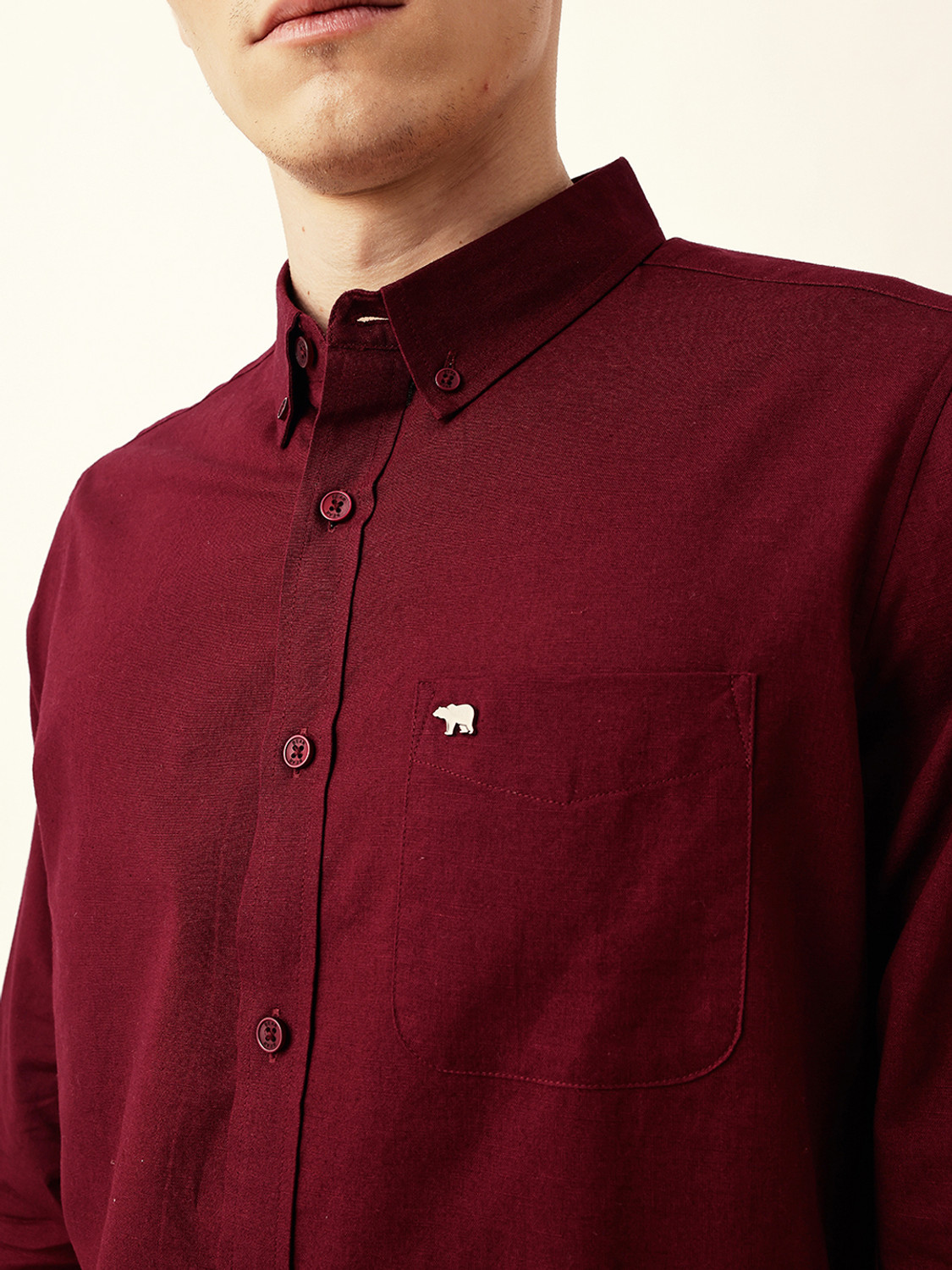 Image of THE BEAR HOUSE Men Solid Casual Maroon Shirt
