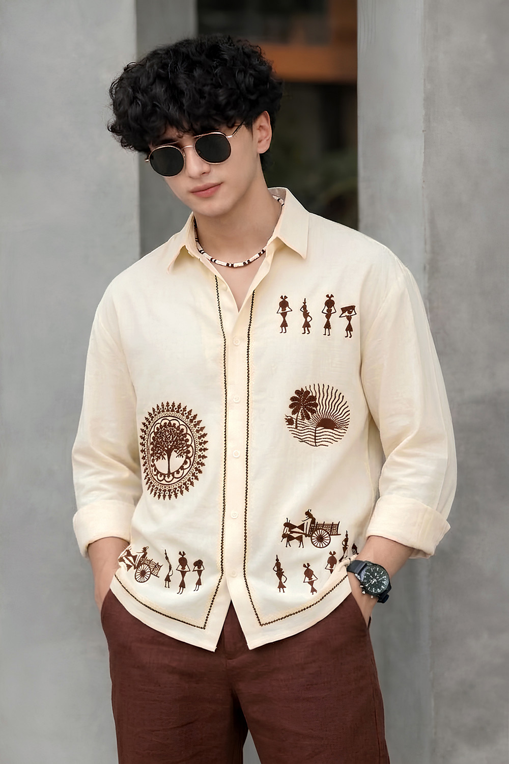 Image of Shree Sai Balaji Men Printed Casual Beige Shirt