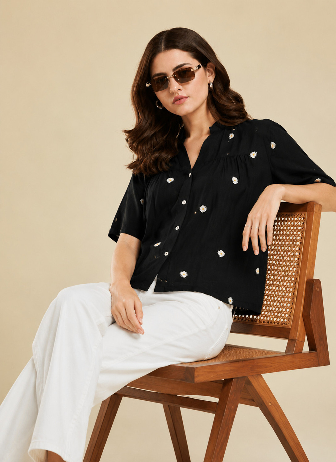 Image of ME AND FOX Women Embroidered Casual Black Shirt