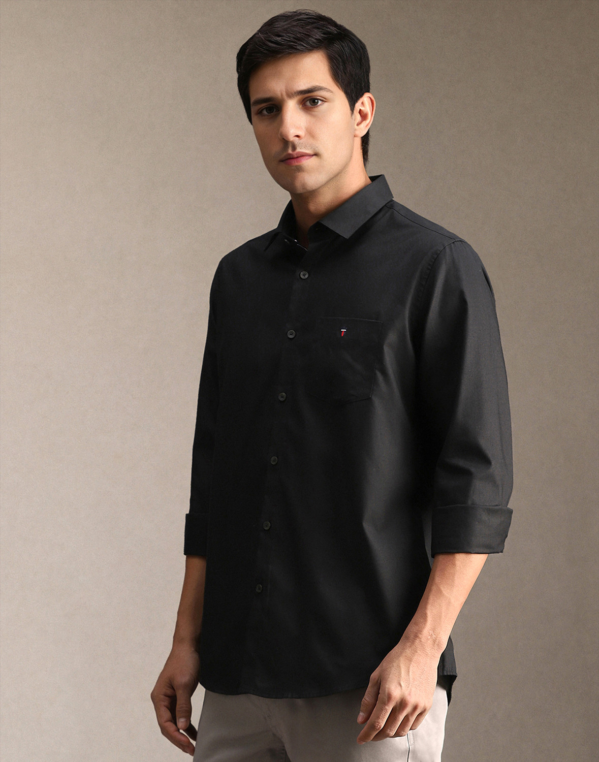 Image of Louis Philippe Sport Men Solid Casual Black Shirt