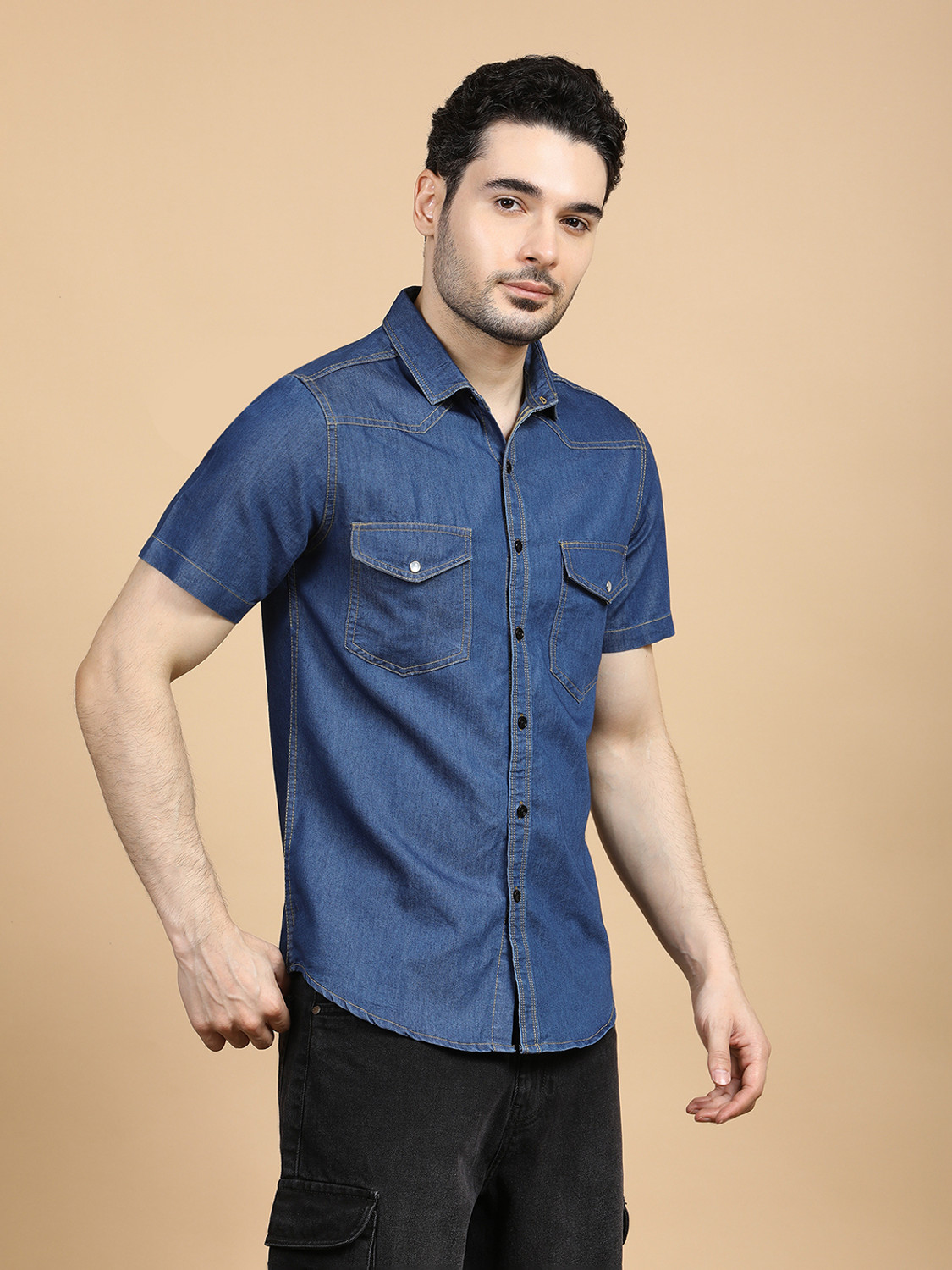 Image of GRANDSTITCH Men Washed Casual Light Blue Shirt