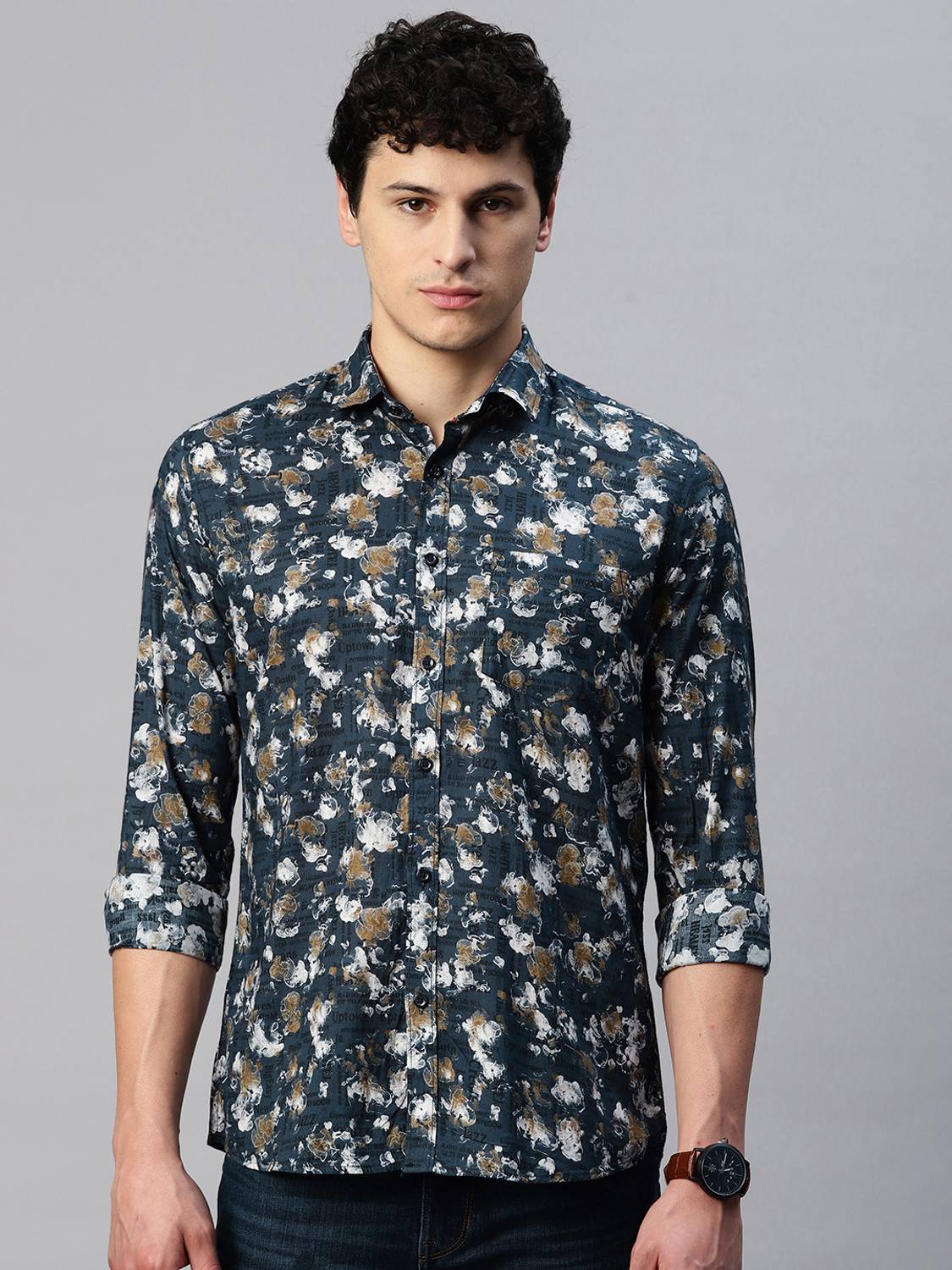5TH ANFOLD Men Printed Casual Dark Blue, Yellow, White Shirt