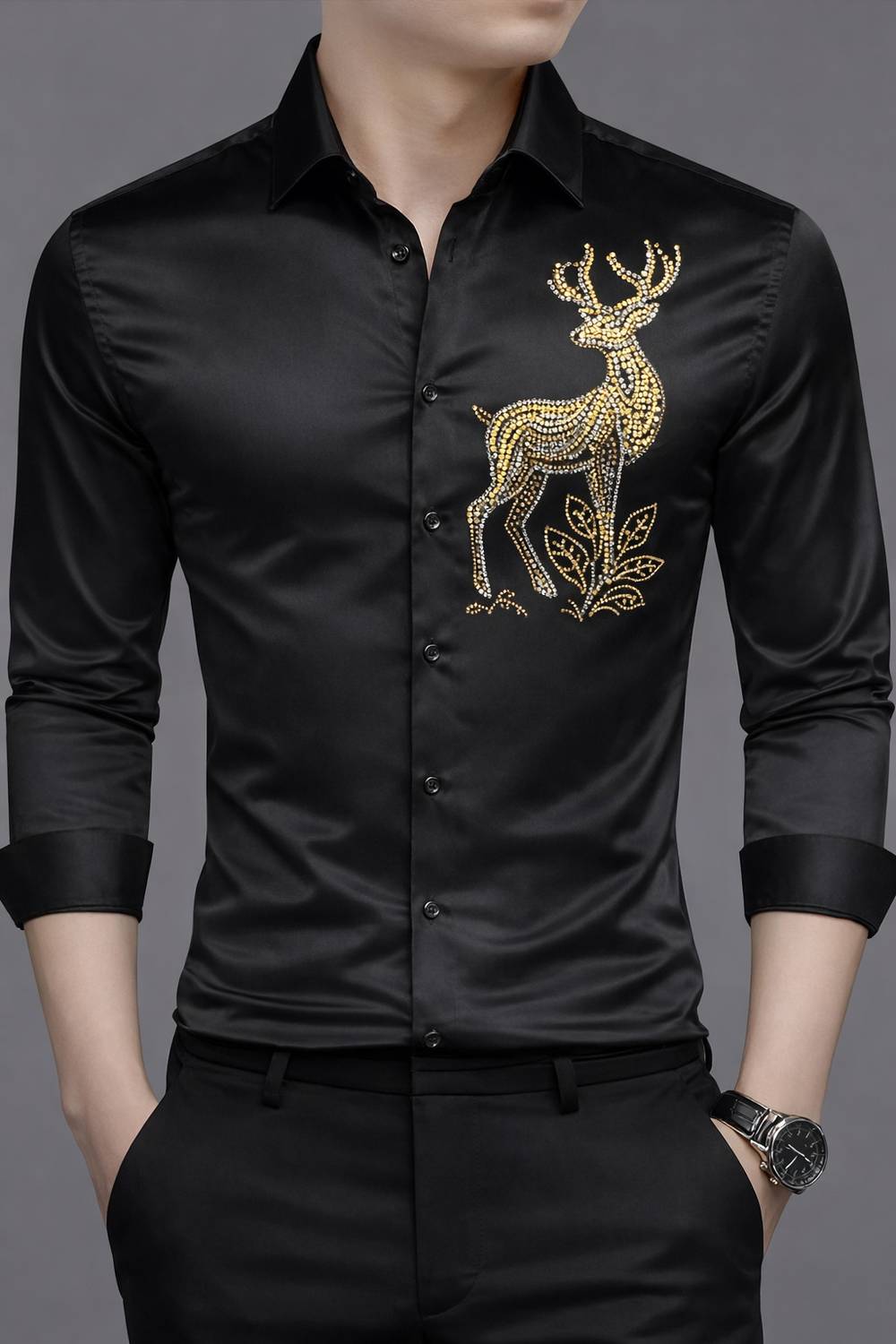 Black Deer Men Embellished Formal Black Shirt
