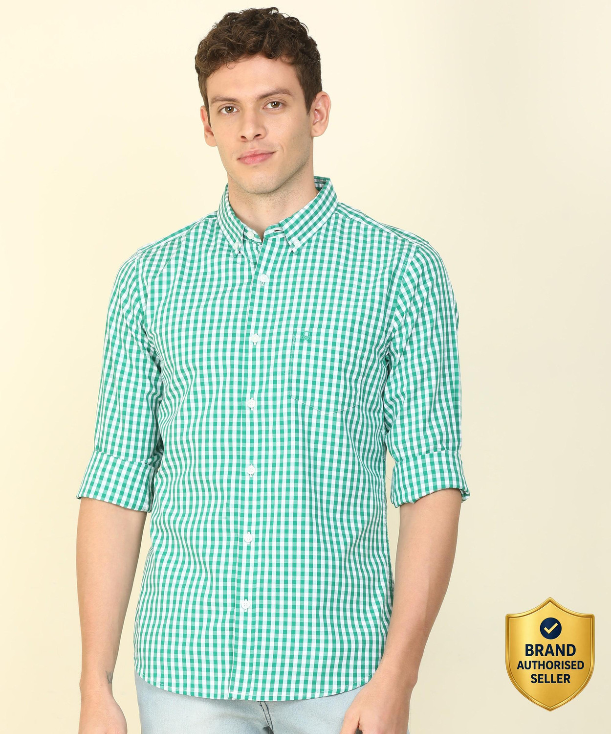 United Colors of Benetton Men Checkered Casual White, Green Shirt