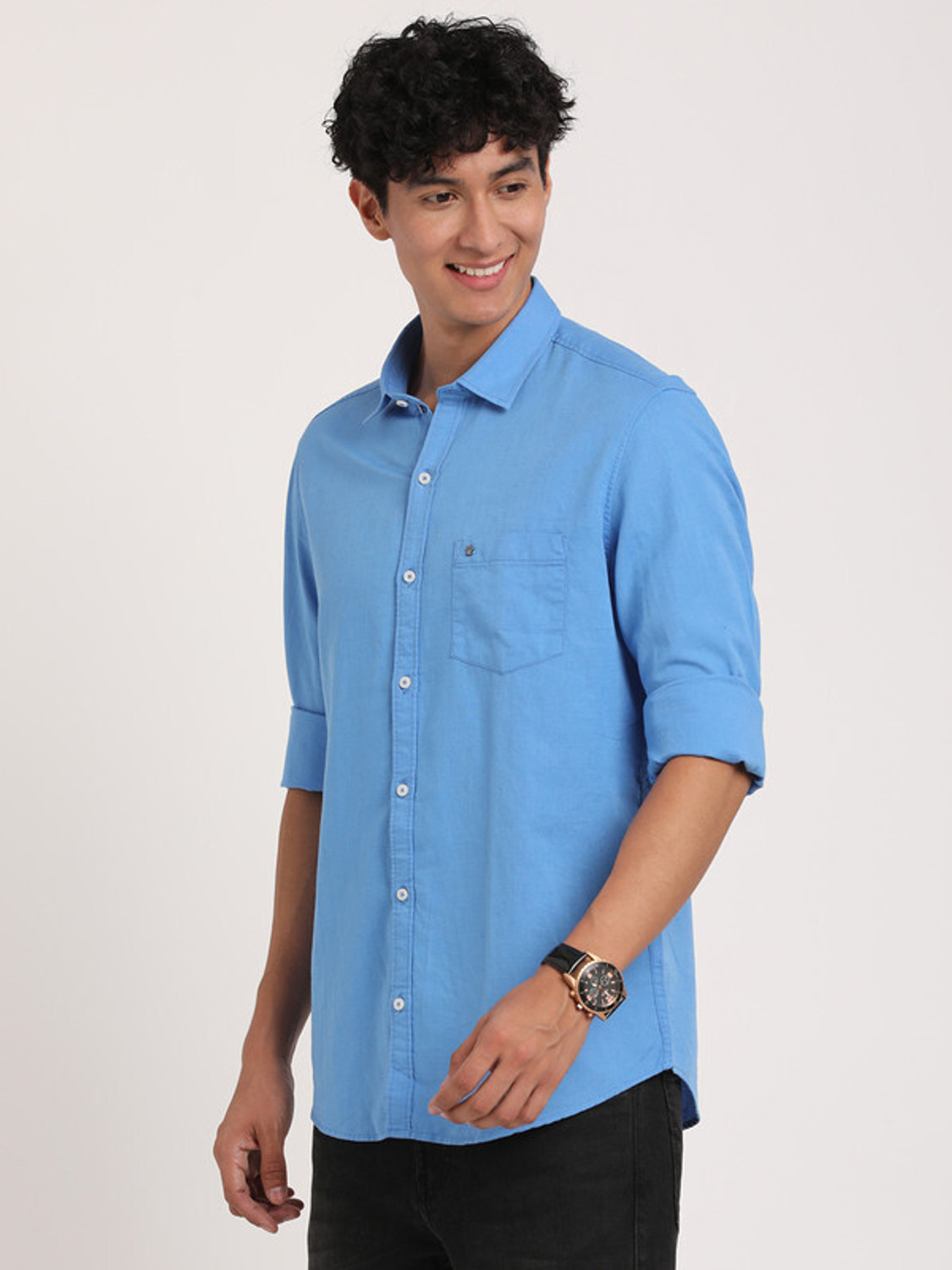 Image of TURTLE Men Solid Casual Blue Shirt