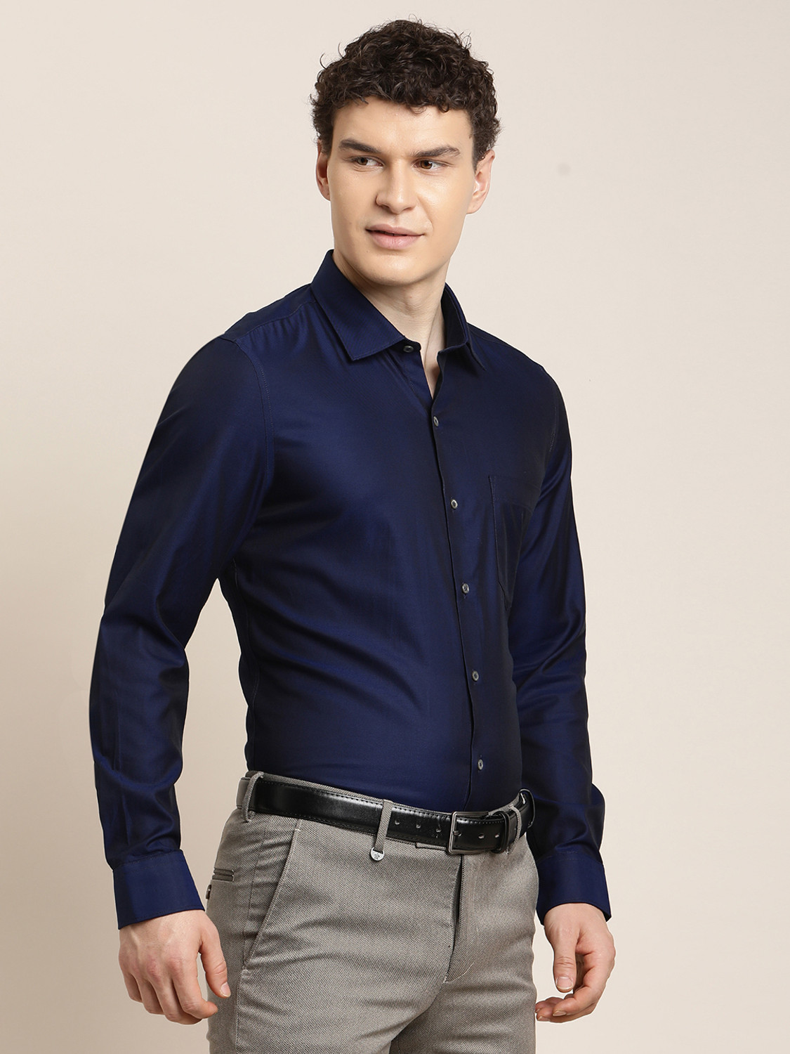Image of TURTLE Men Solid Formal Blue Shirt