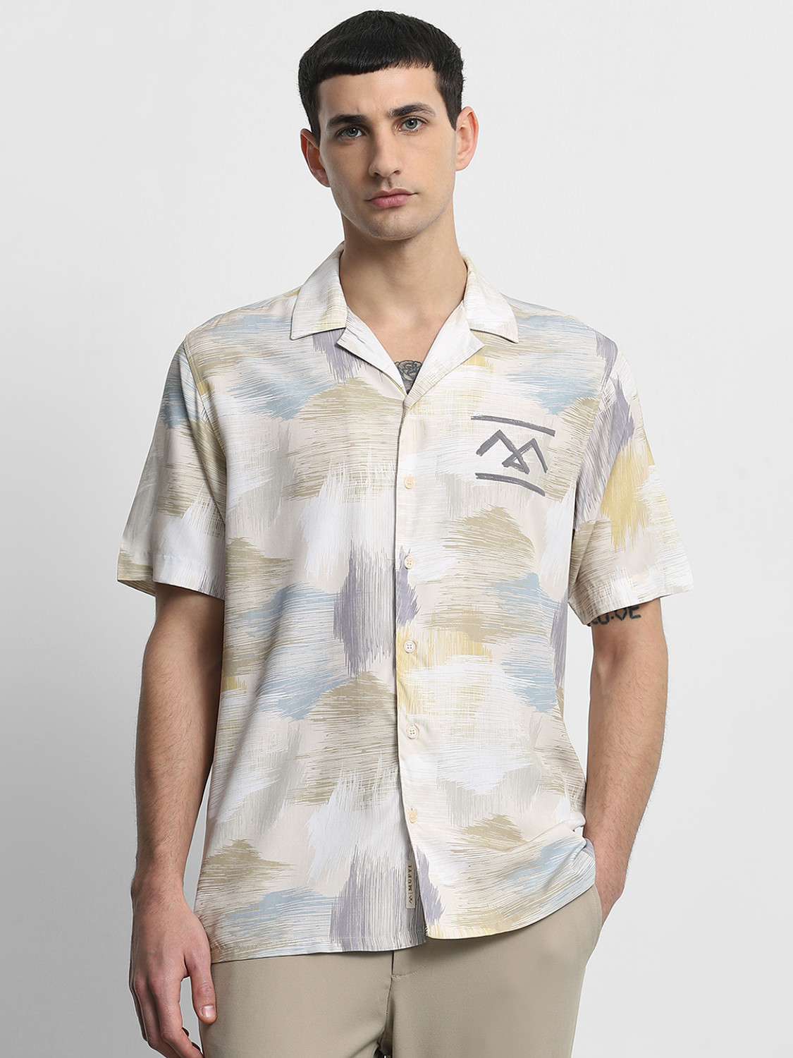 Image of MUFTI Men Printed Casual Beige Shirt