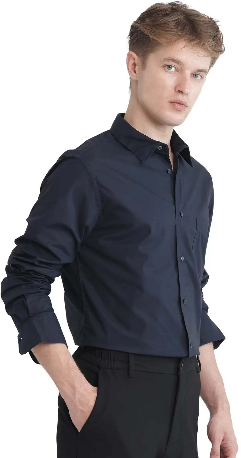 Image of RARE RABBIT Men Solid Casual Dark Blue Shirt