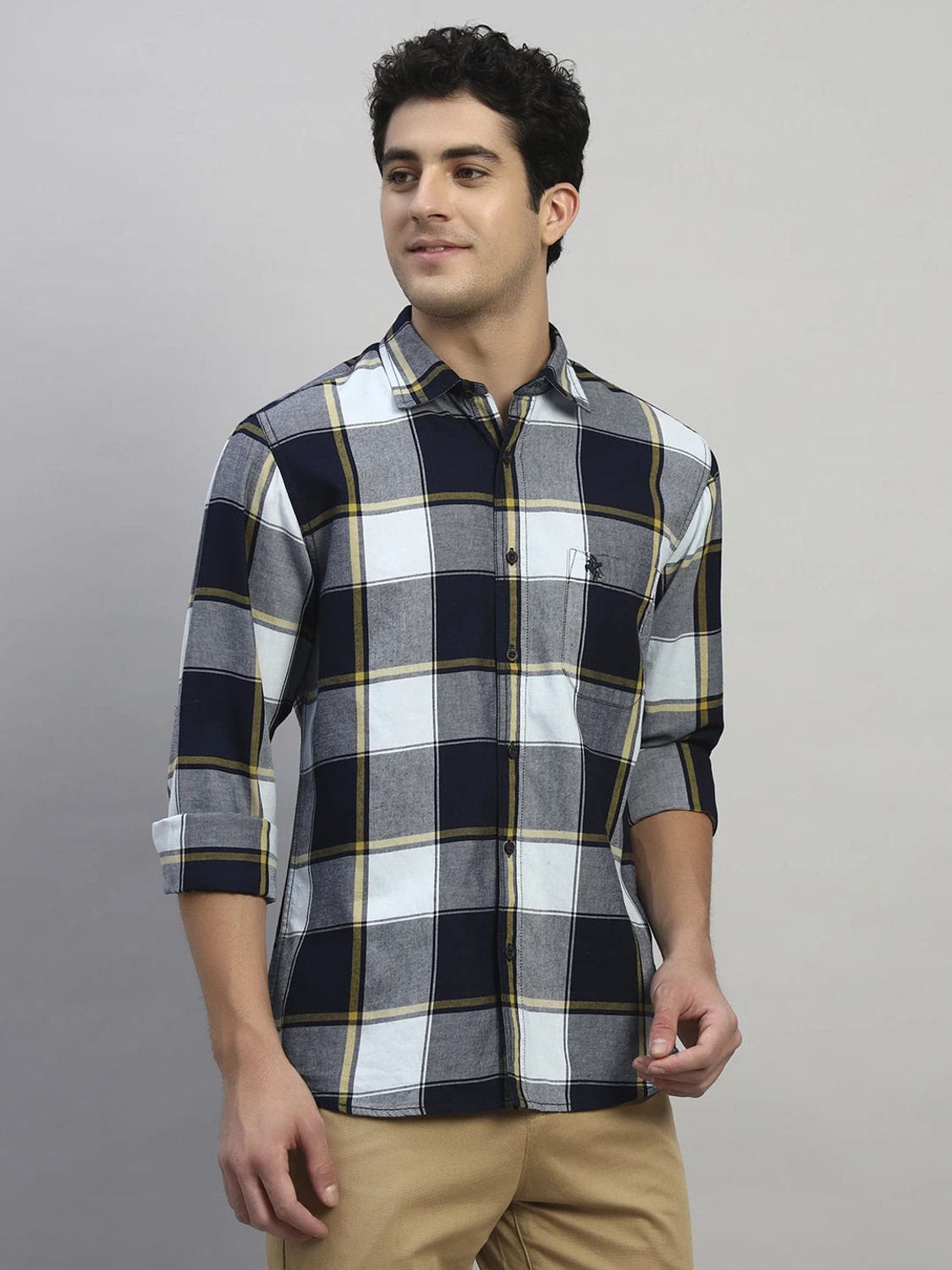 Image of CANTABIL Men Checkered Casual Dark Blue Shirt