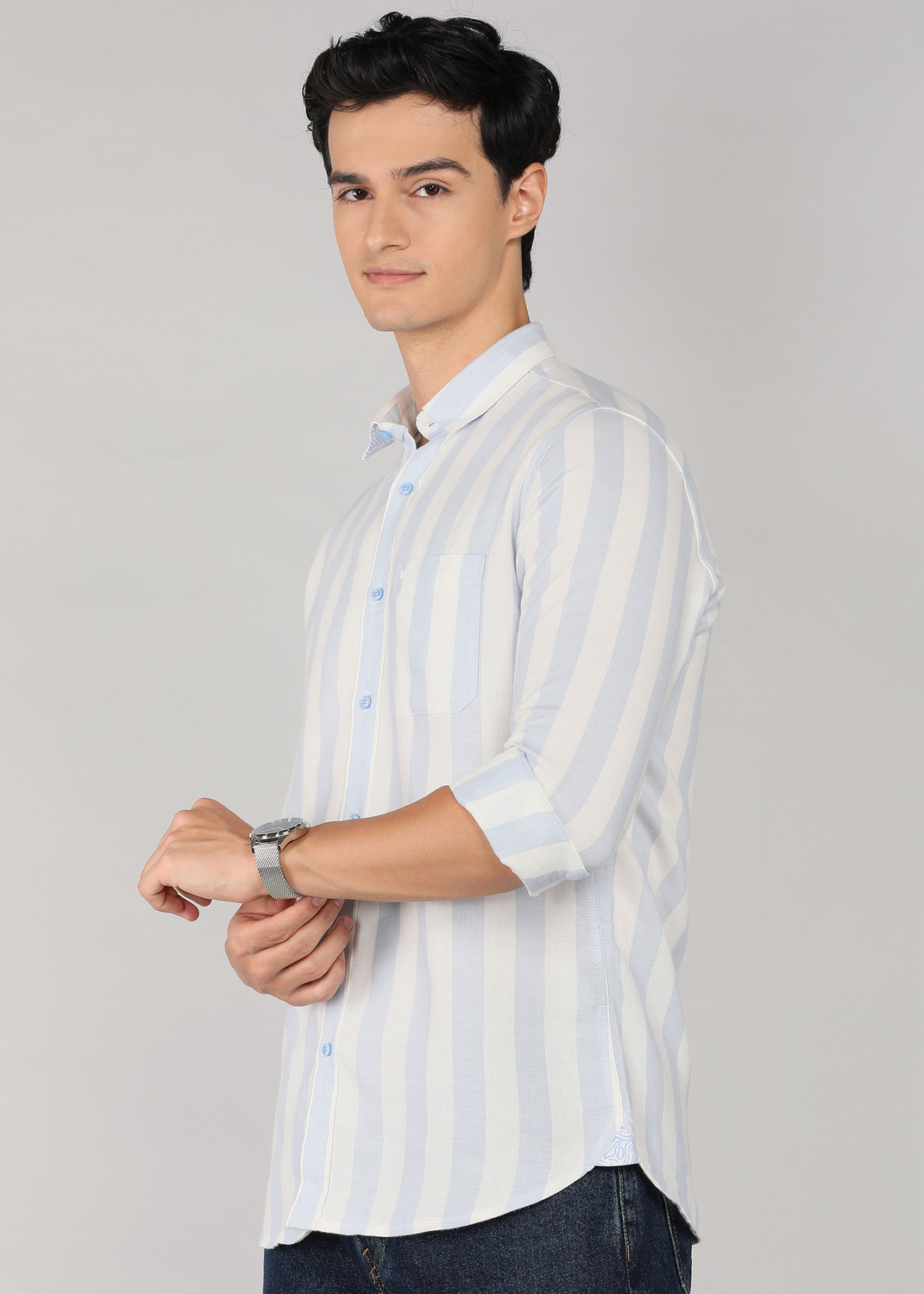 Image of LAWMAN Men Striped Casual Light Blue Shirt