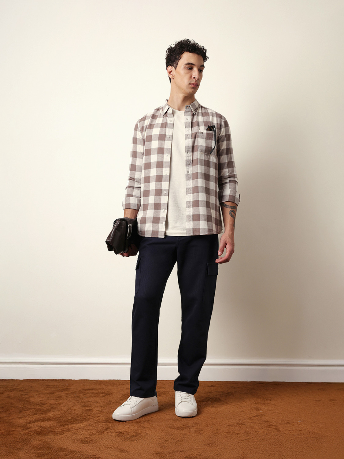 Image of THE BEAR HOUSE Men Checkered Casual Brown, White Shirt