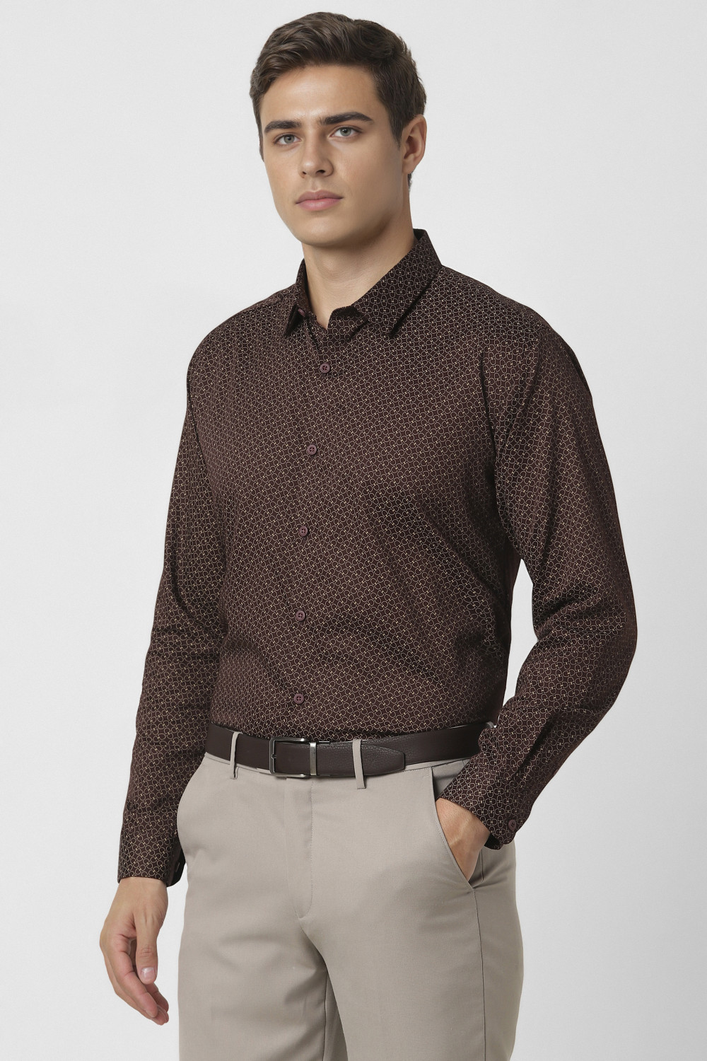 Image of VAN HEUSEN Men Printed Party Brown Shirt