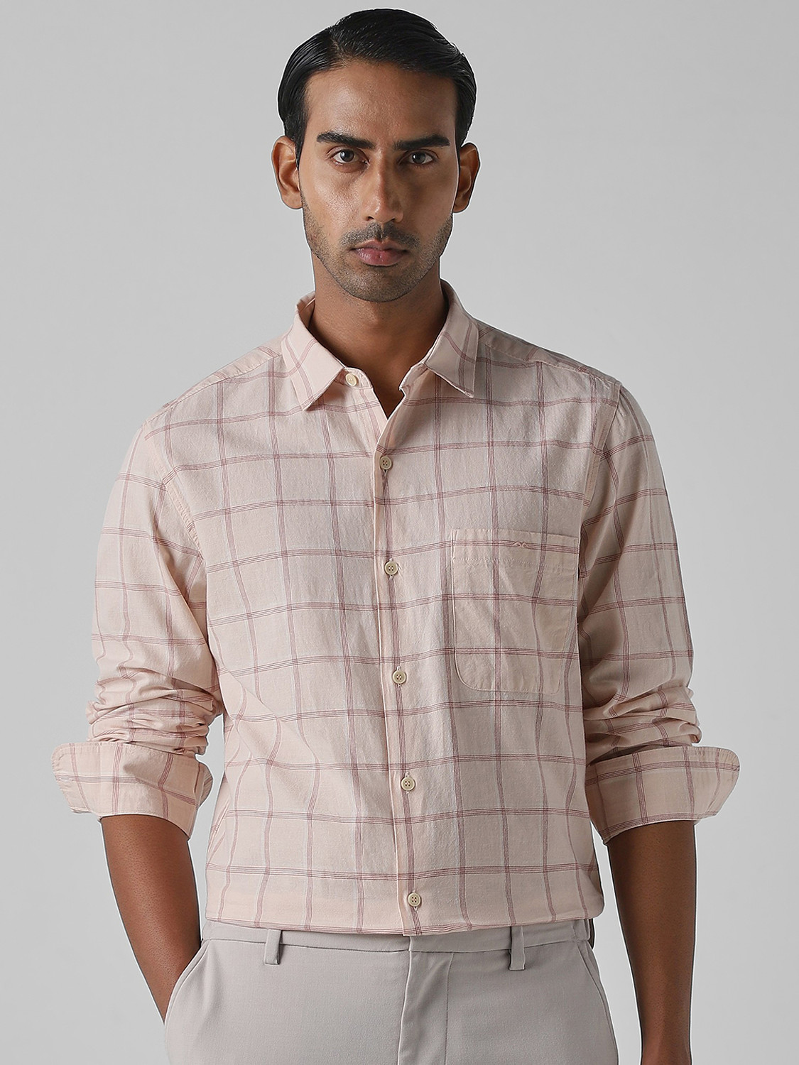 Image of MUFTI Men Checkered Casual Pink Shirt