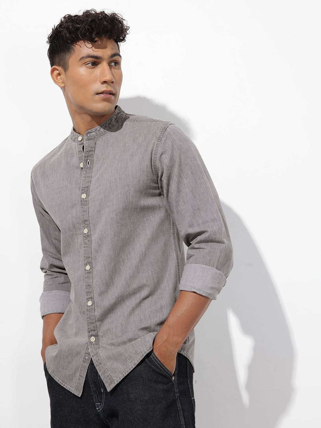 Image of R.Code by The Roadster Life Co. Men Solid Casual Grey Shirt