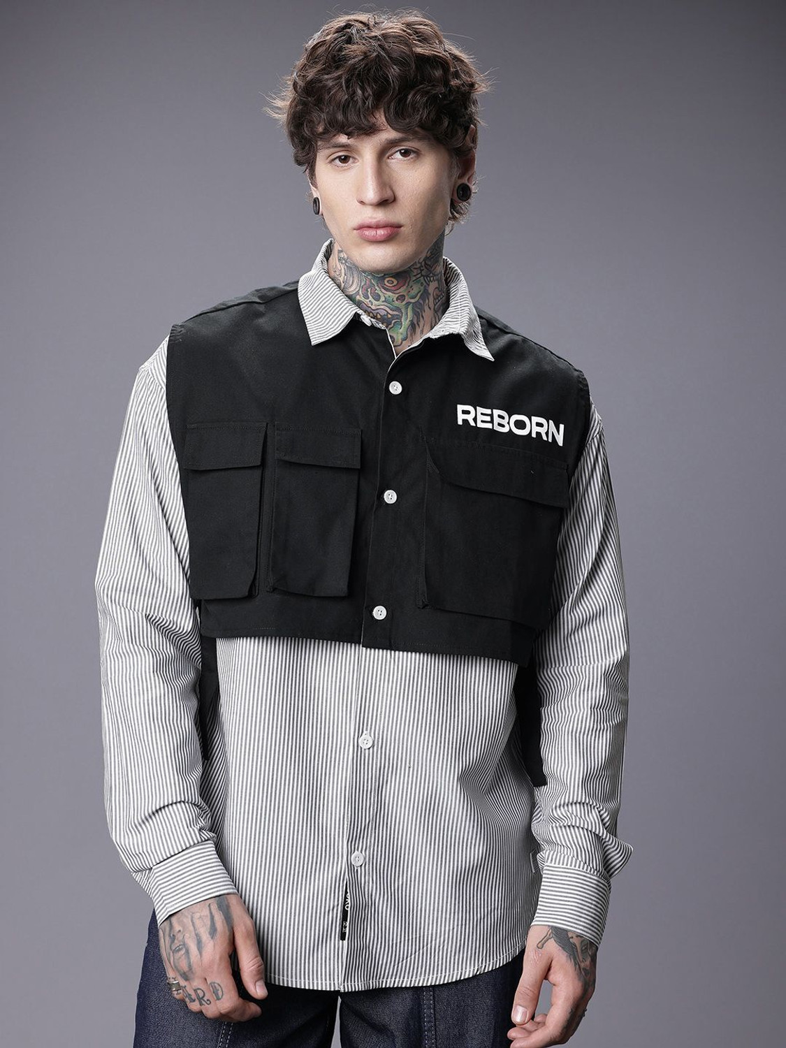 Image of SOKO STREET Men Striped Casual White Shirt