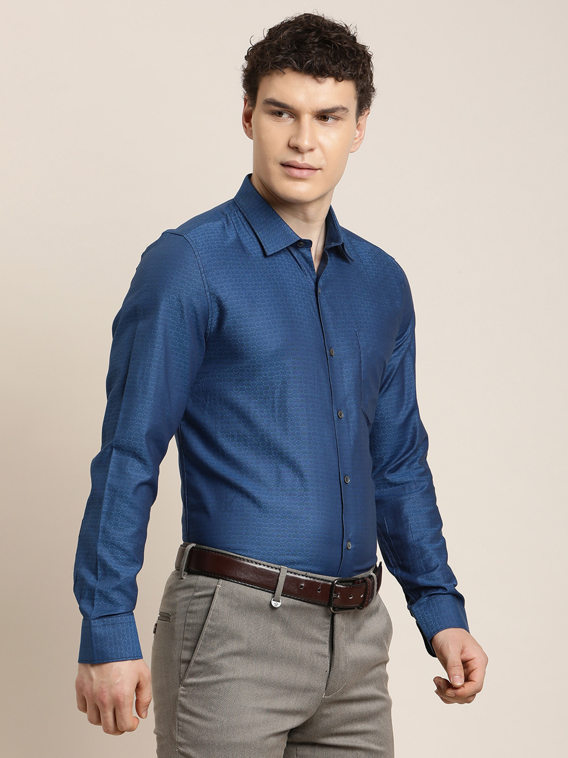 Image of TURTLE Men Self Design Formal Blue Shirt