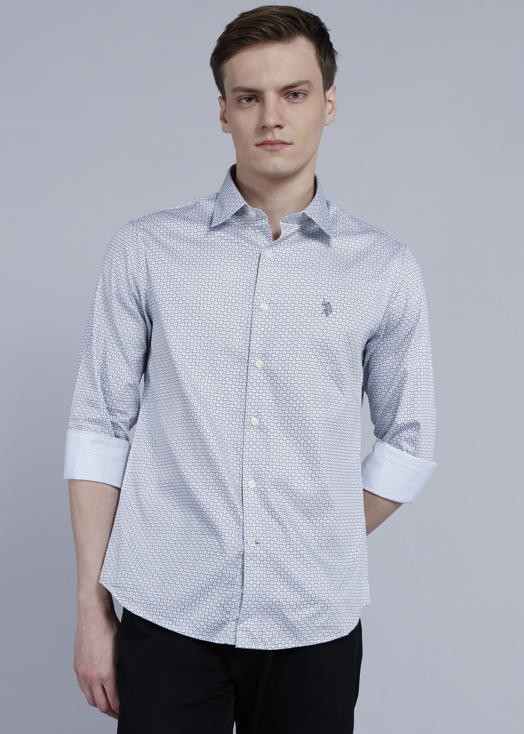 Image of U.S. POLO ASSN. Men Slim Fit Printed Cut Away Collar Casual Shirt